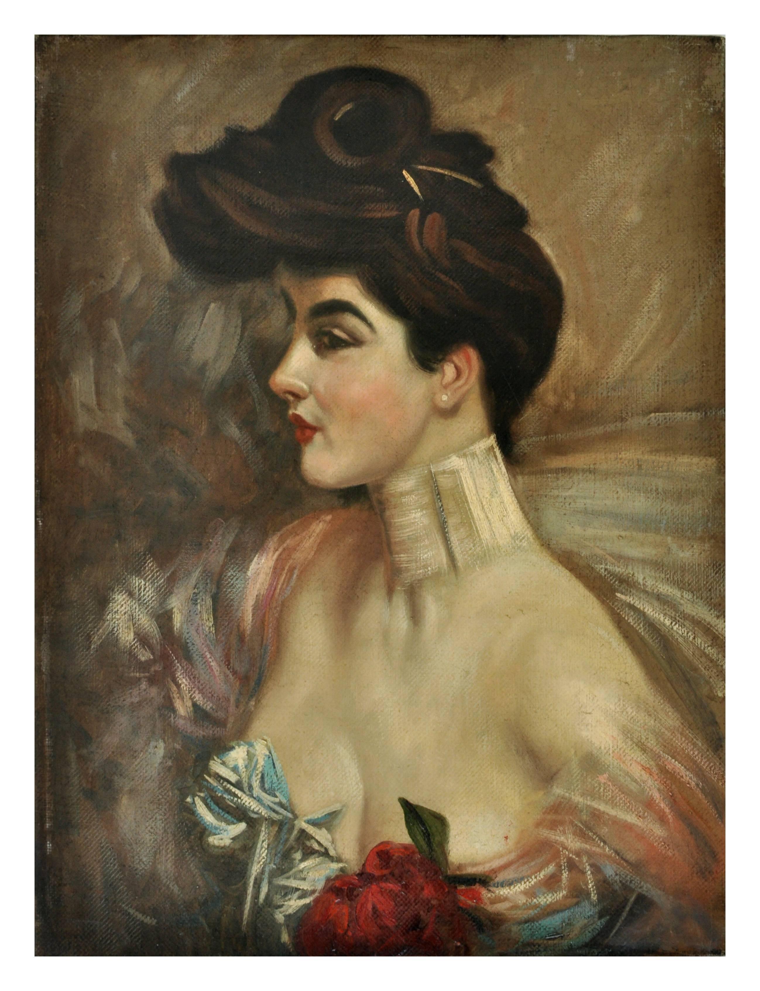 LADY'S PORTRAIT - À la manière de G. Boldini - Peinture à l'huile sur toile italienne - Painting de Ciro De Rosa