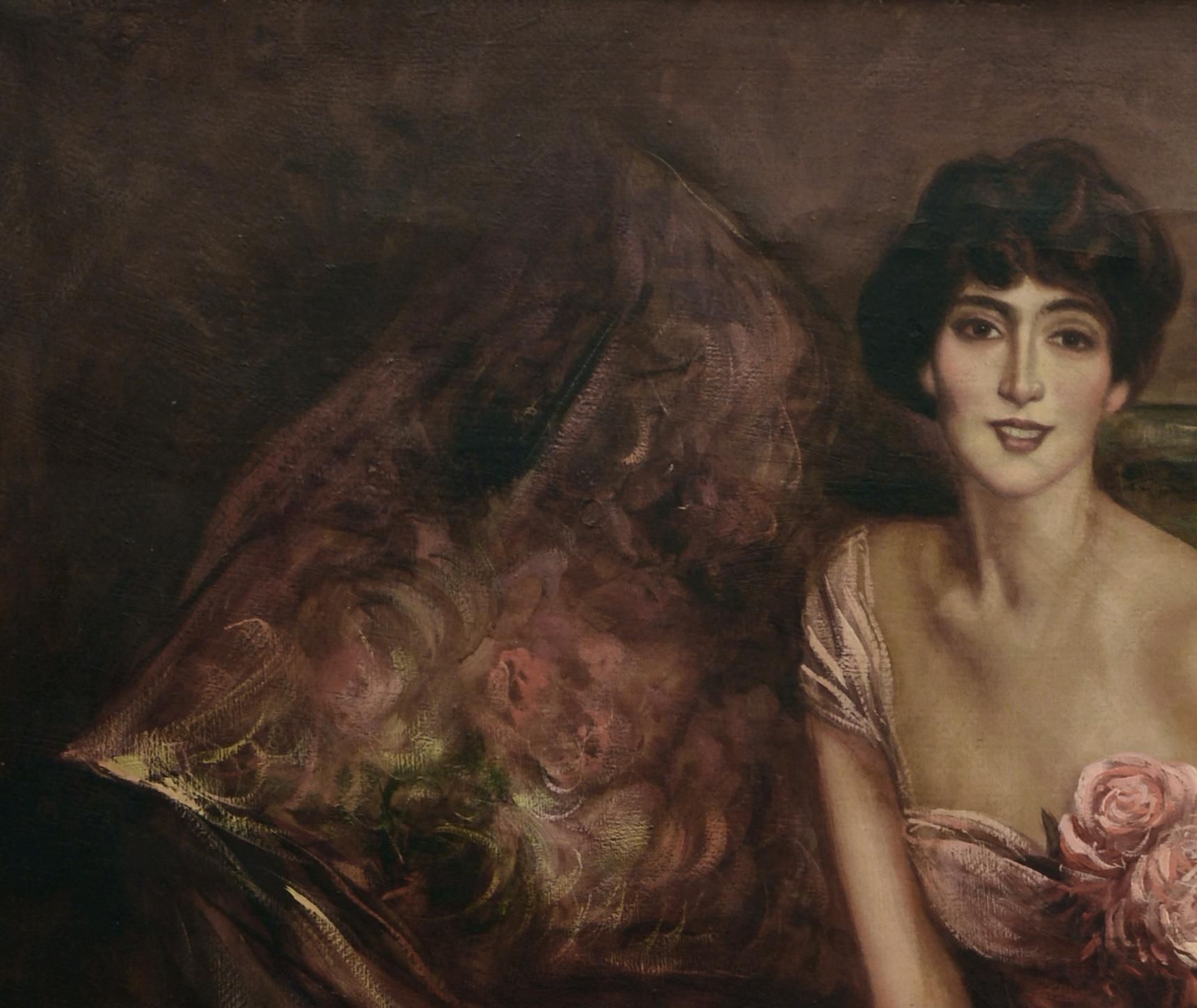 LADY'S PORTRAIT- In the Manner of G. Boldini -  Italian Oil on Canvasv Painting - Brown Portrait Painting by Ciro De Rosa