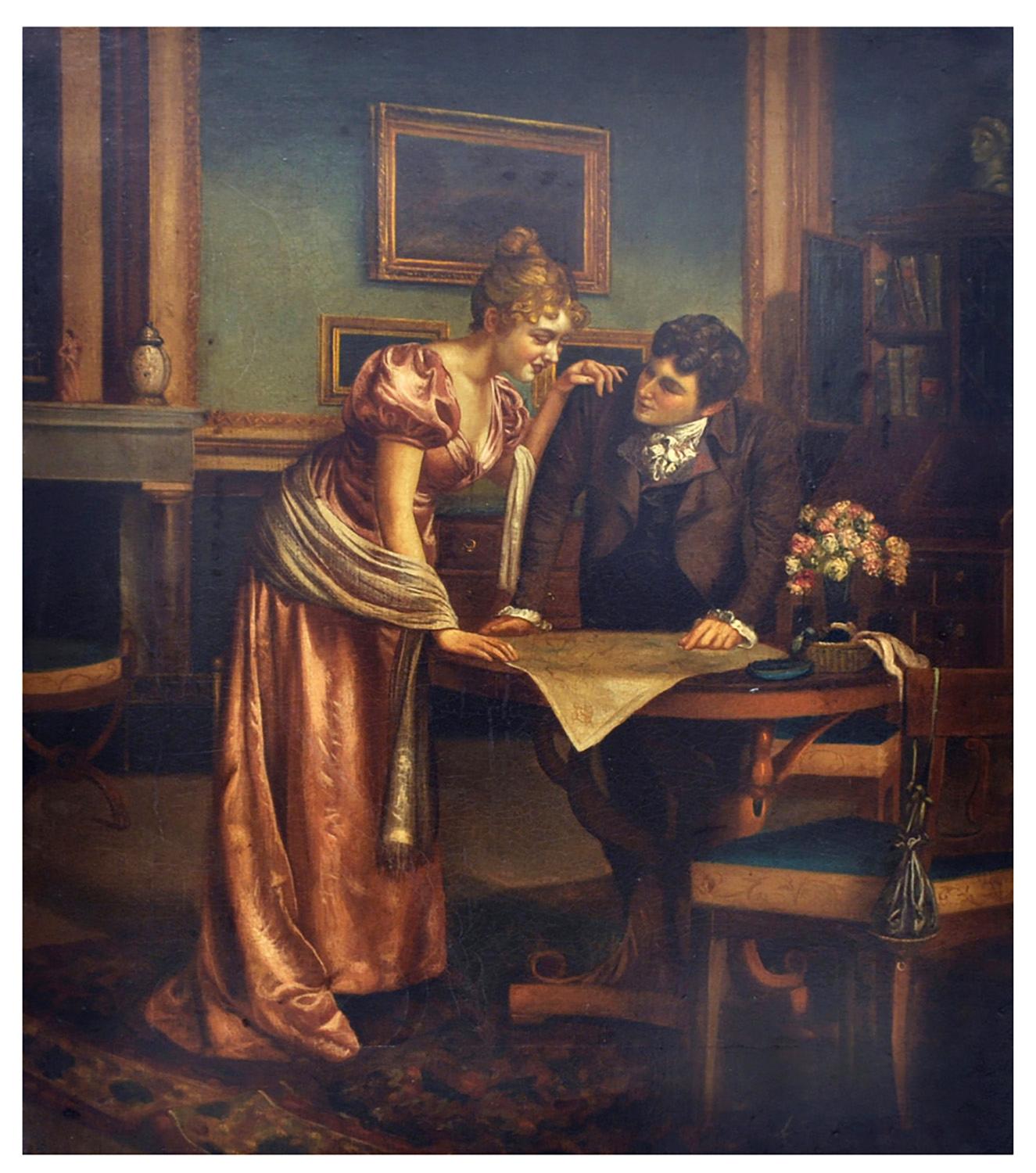 LECTURAS ROMÁNTICAS- A la manera de G. Boldini Pintura figurativa al óleo sobre lienzo - Painting de Ciro De Rosa