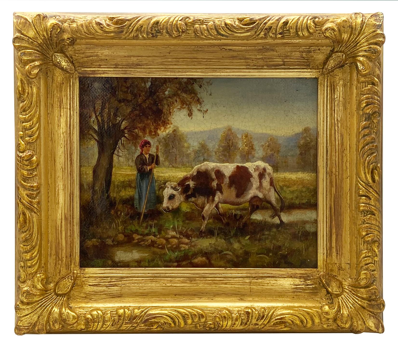 THE SHEPERDESS OF COWS - À la manière de Julien Dupre - Peinture à l'huile sur toile - Painting de Ciro De Rosa