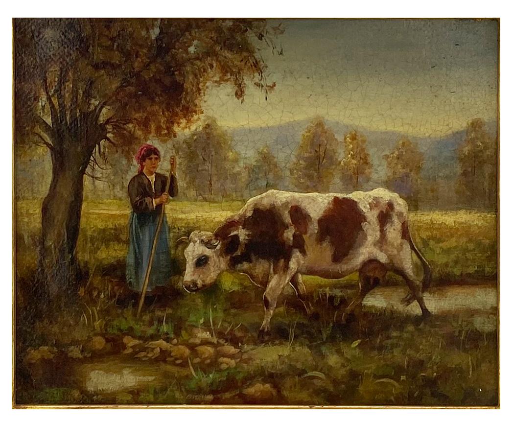 THE SHEPERDESS OF COWS - À la manière de Julien Dupre - Peinture à l'huile sur toile - École française Painting par Ciro De Rosa