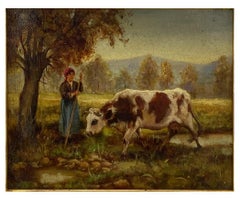 THE SHEPERDESS OF COWS - In the Manner of Julien Dupre'- Oil on Canvas Painting