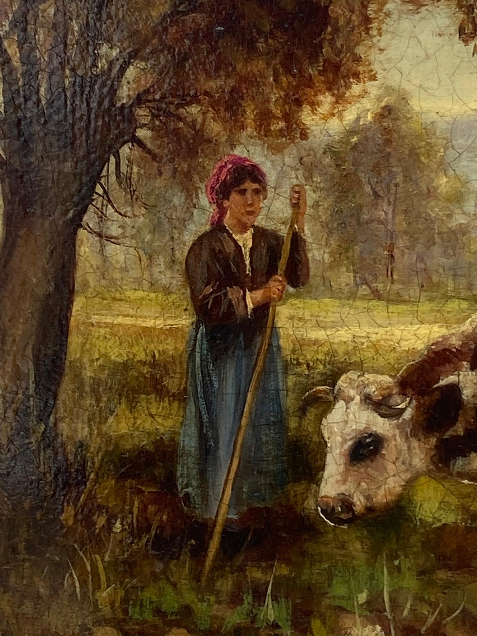 THE SHEPERDESS OF COWS - À la manière de Julien Dupre - Peinture à l'huile sur toile - Noir Landscape Painting par Ciro De Rosa