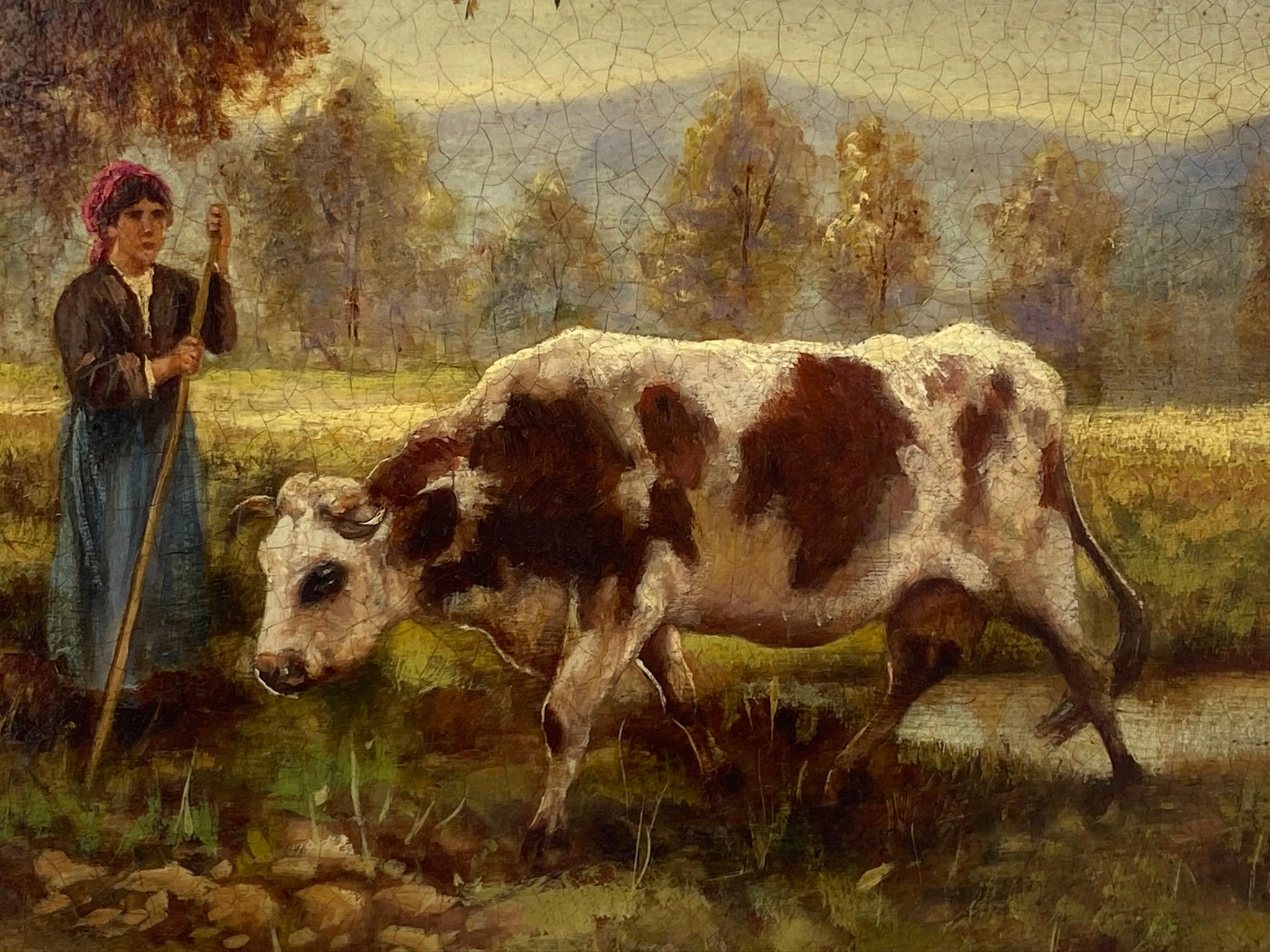 THE SHEPERDESS OF COWS - In the Manner of Julien Dupre'- Oil on Canvas Painting - Black Landscape Painting by Ciro De Rosa