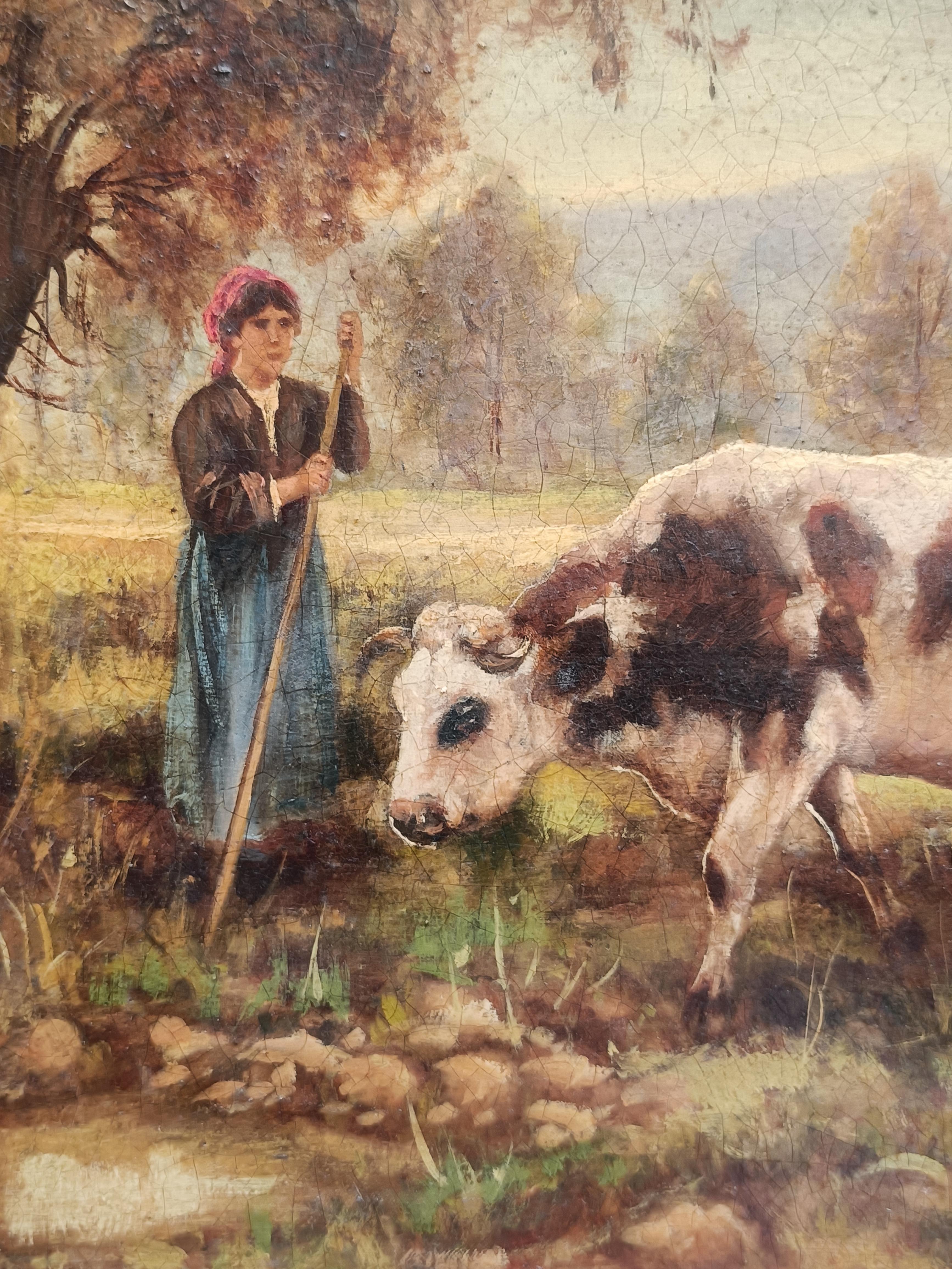 THE SHEPERDESS OF COWS – „In the Manner of Julien Dupre“ – Öl auf Leinwand Gemälde (Schwarz), Landscape Painting, von Ciro De Rosa