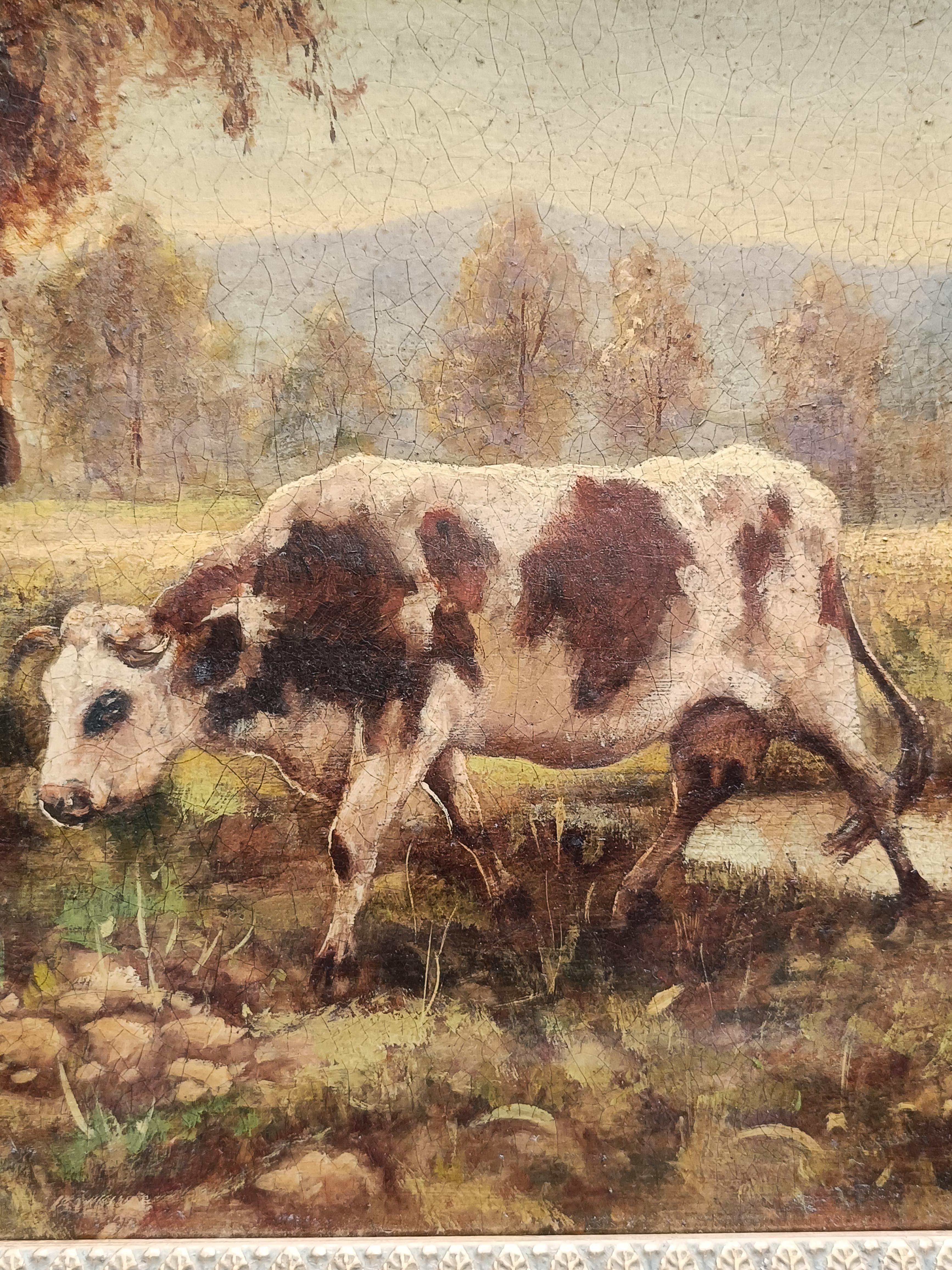 Die Hirtin der Kühe - Öl auf Leinwand cm.24x30 von Ciro De Rosa Italien 2008.
Ciro De Rosa hat sich bei diesem schönen Ölgemälde, das eine Hirtin mit Kuh zeigt, von bäuerlich inspirierten Gemälden wie denen des großen französischen Malers Julien