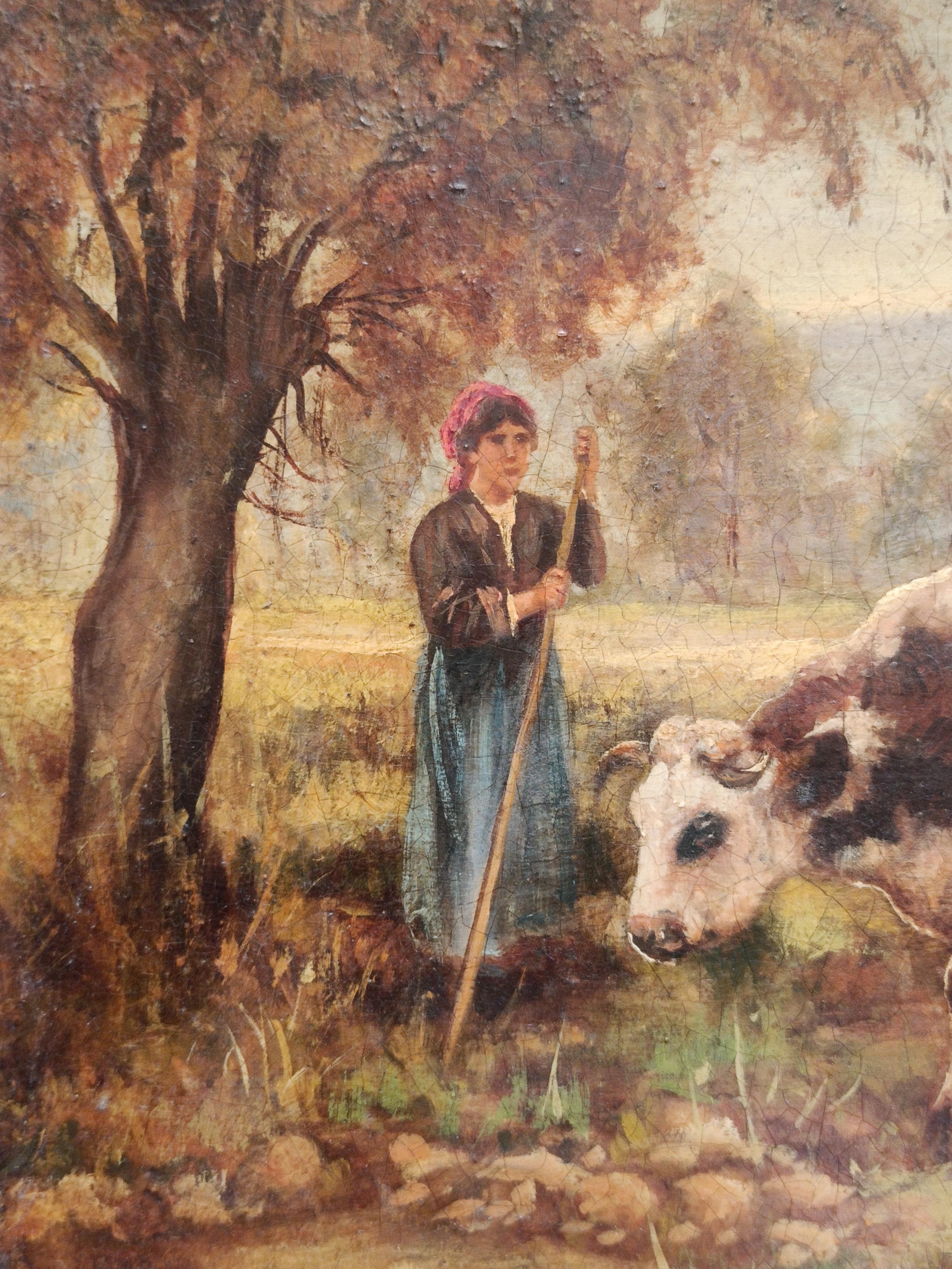 THE SHEPERDESS OF COWS – „In the Manner of Julien Dupre“ – Öl auf Leinwand Gemälde im Angebot 1