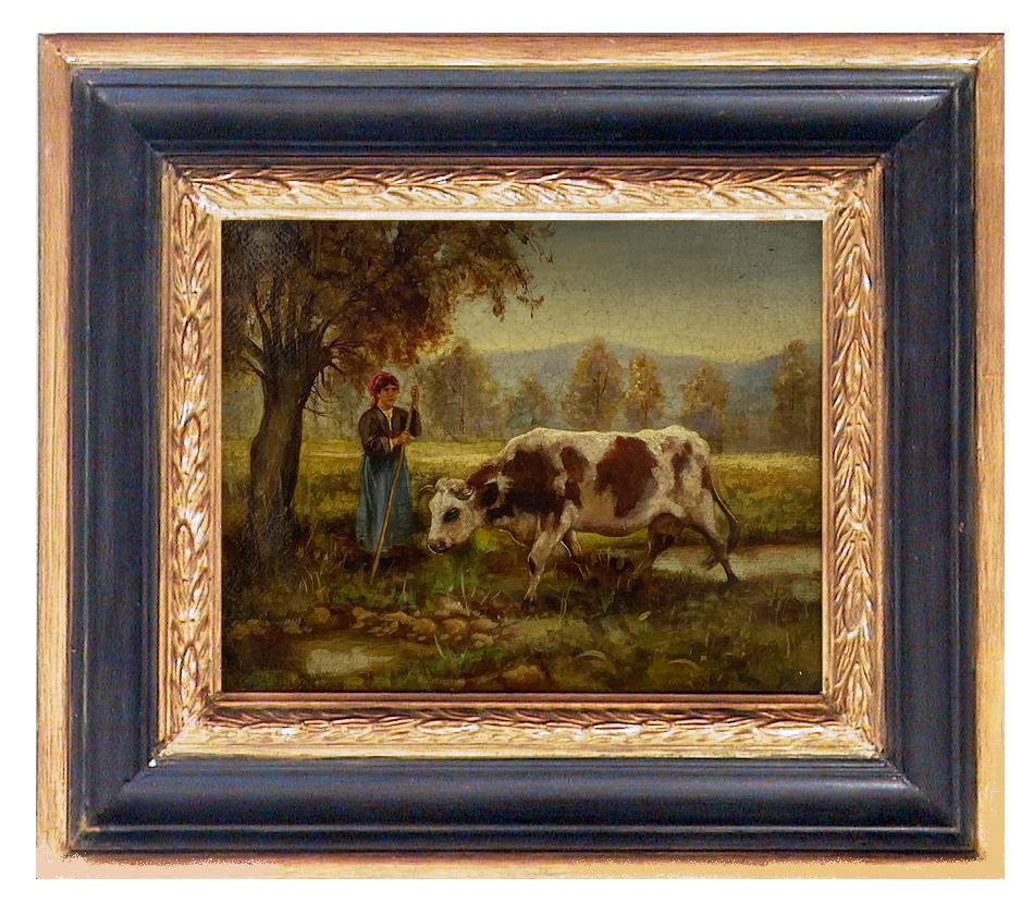 Ciro De Rosa Landscape Painting - THE SHEPERDESS OF COWS - In the Manner of Julien Dupre'- Oil on Canvas Painting