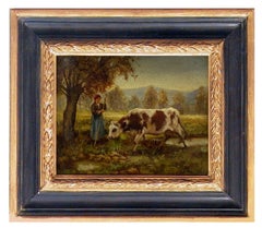 THE SHEPERDESS OF COWS - In the Manner of Julien Dupre'- Oil on Canvas Painting