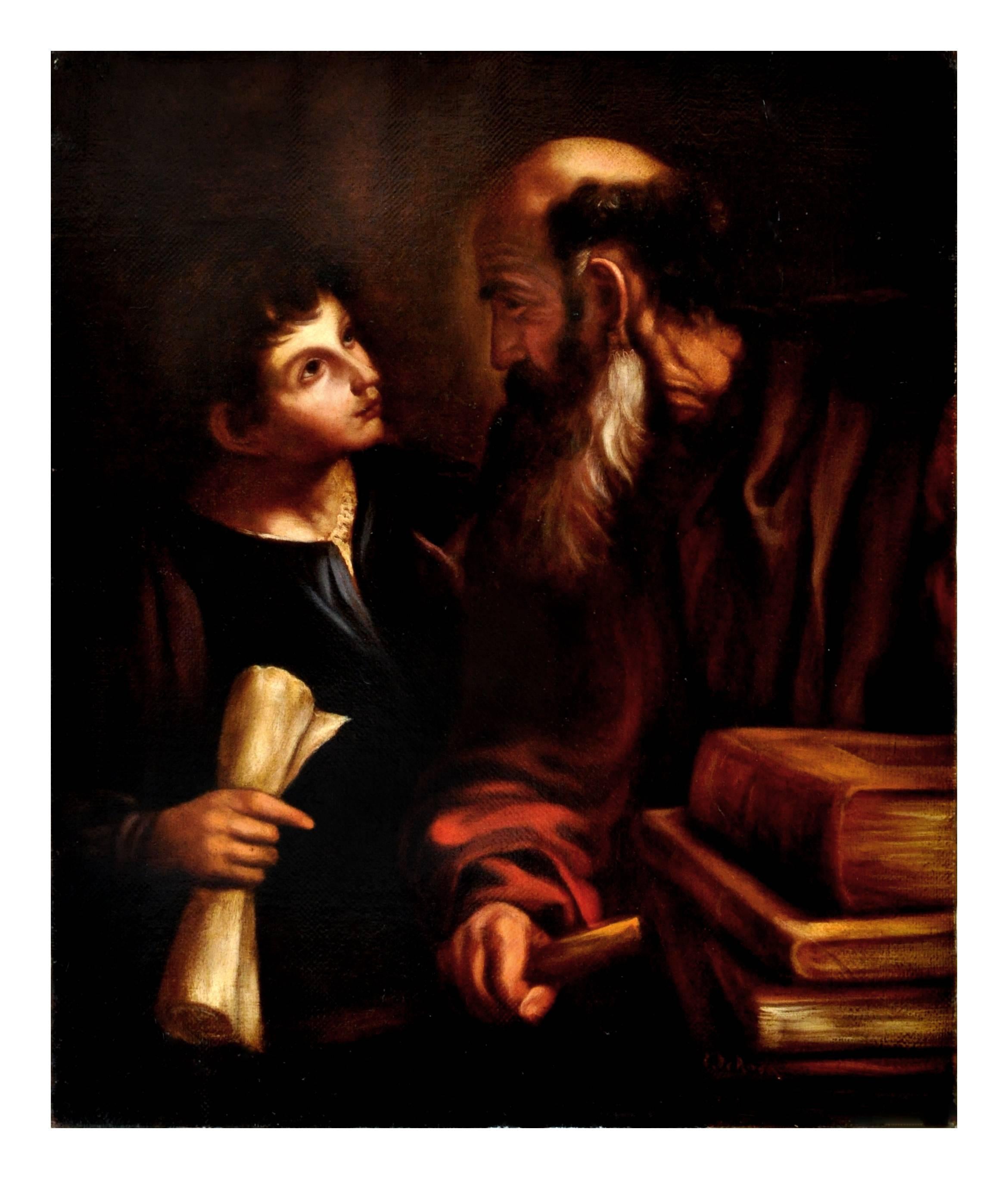 JUVENTUD Y SABIDURÍA - A la Manera de Caravaggio  Pintura figurativa al óleo sobre lienzo - Painting de Ciro De Rosa