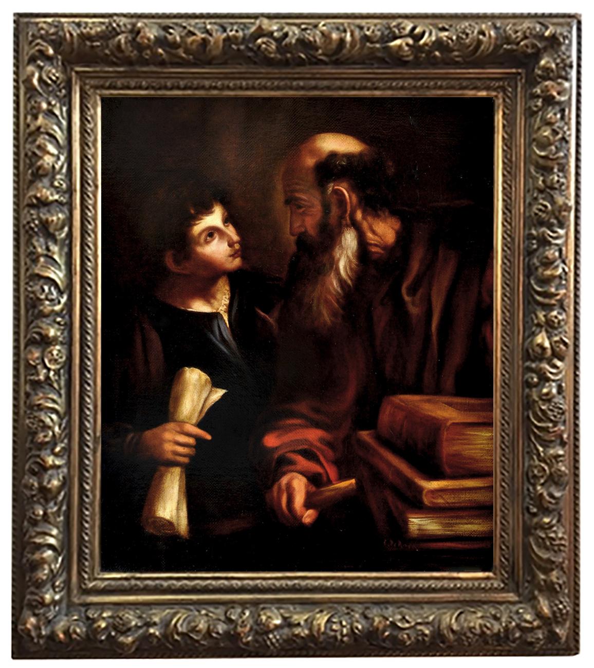 Ciro De Rosa Portrait Painting - YOUTH AND WISDOM- In the Manner of Caravaggio  Figurative Oil on Canvas Painting