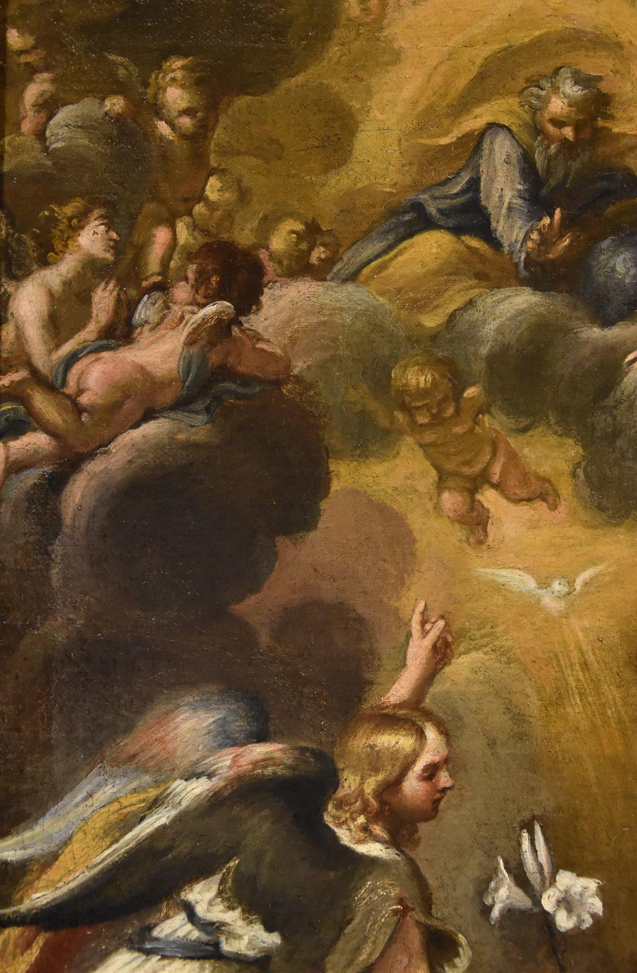Annunciation Ferri Paint 17th Century Oil on canvas Old master Religious Rome For Sale 7