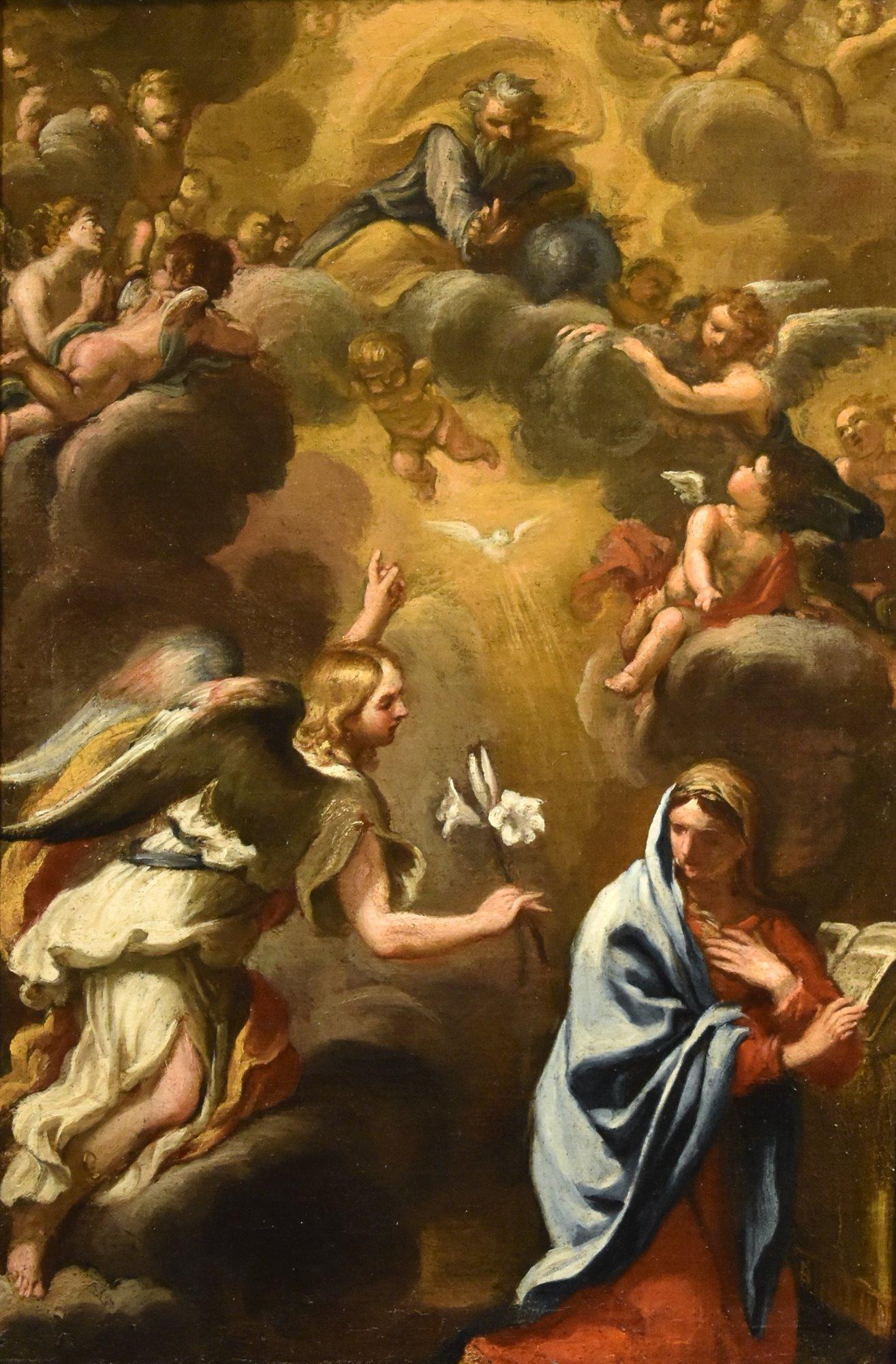 Annunciation Ferri Paint 17th Century Oil on canvas Old master Religious Rome For Sale 9