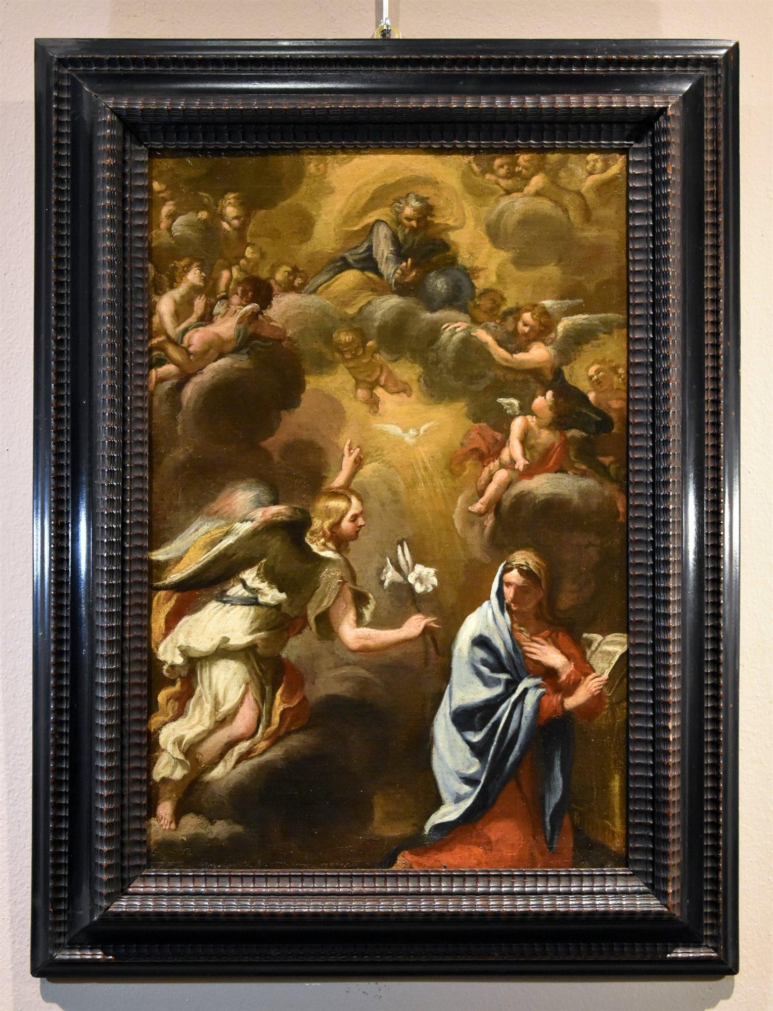 Annunciation Ferri Paint 17th Century Oil on canvas Old master Religious Rome - Old Masters Painting by Ciro Ferri (Rome, 1634 – Rome, 1689)