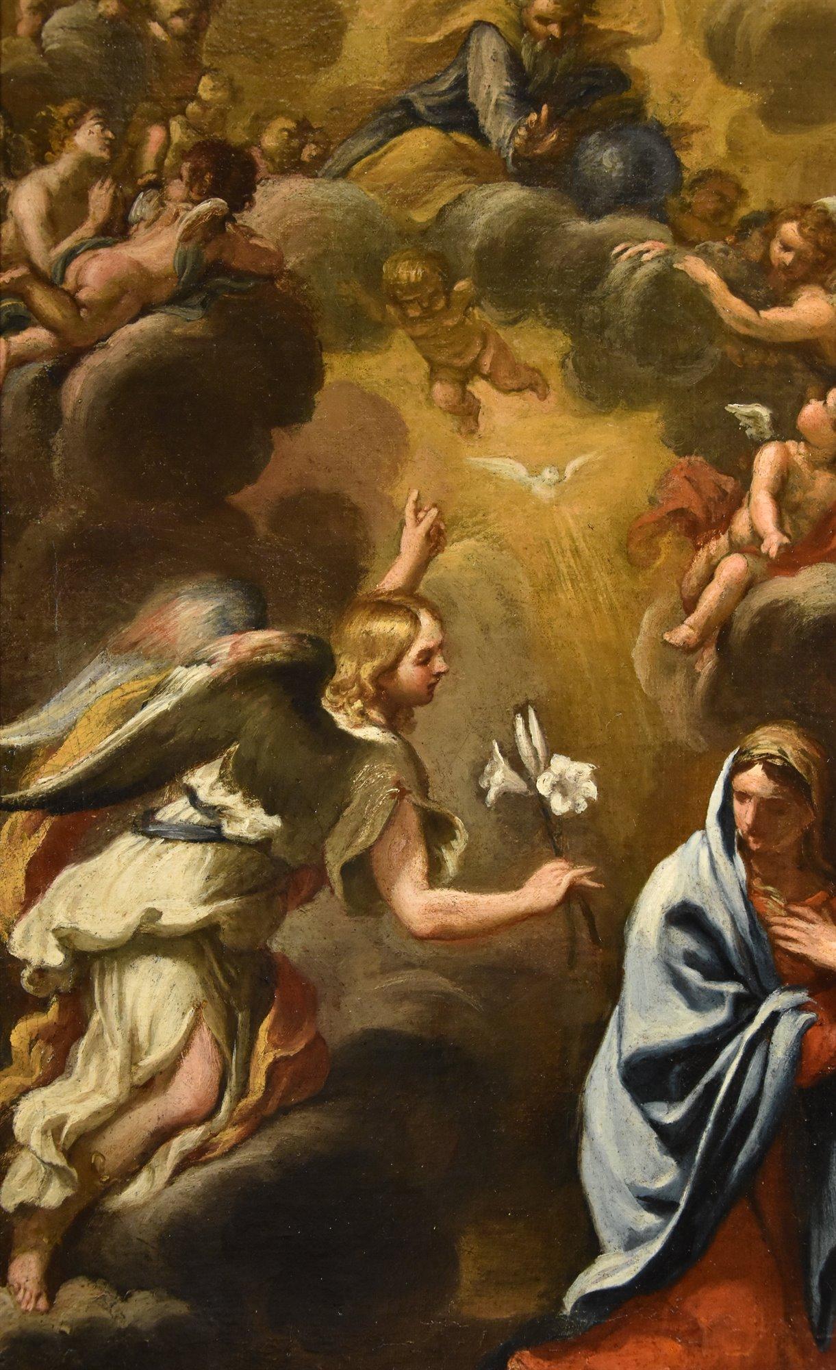 Ciro Ferri (Rome, 1634 – Rome, 1689) Attributed to  

Annunciation (probably a preparatory sketch)  

Oil on canvas 61 x 41 cm - In frame 79 x 49 cm  

The work, certainly commissioned as an object of private devotion, shows the Annunciation to the