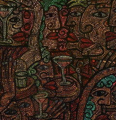 Cocktail Night   Acrylic on Canvas Lattice of Tiny Lines Squares  Depth Texture