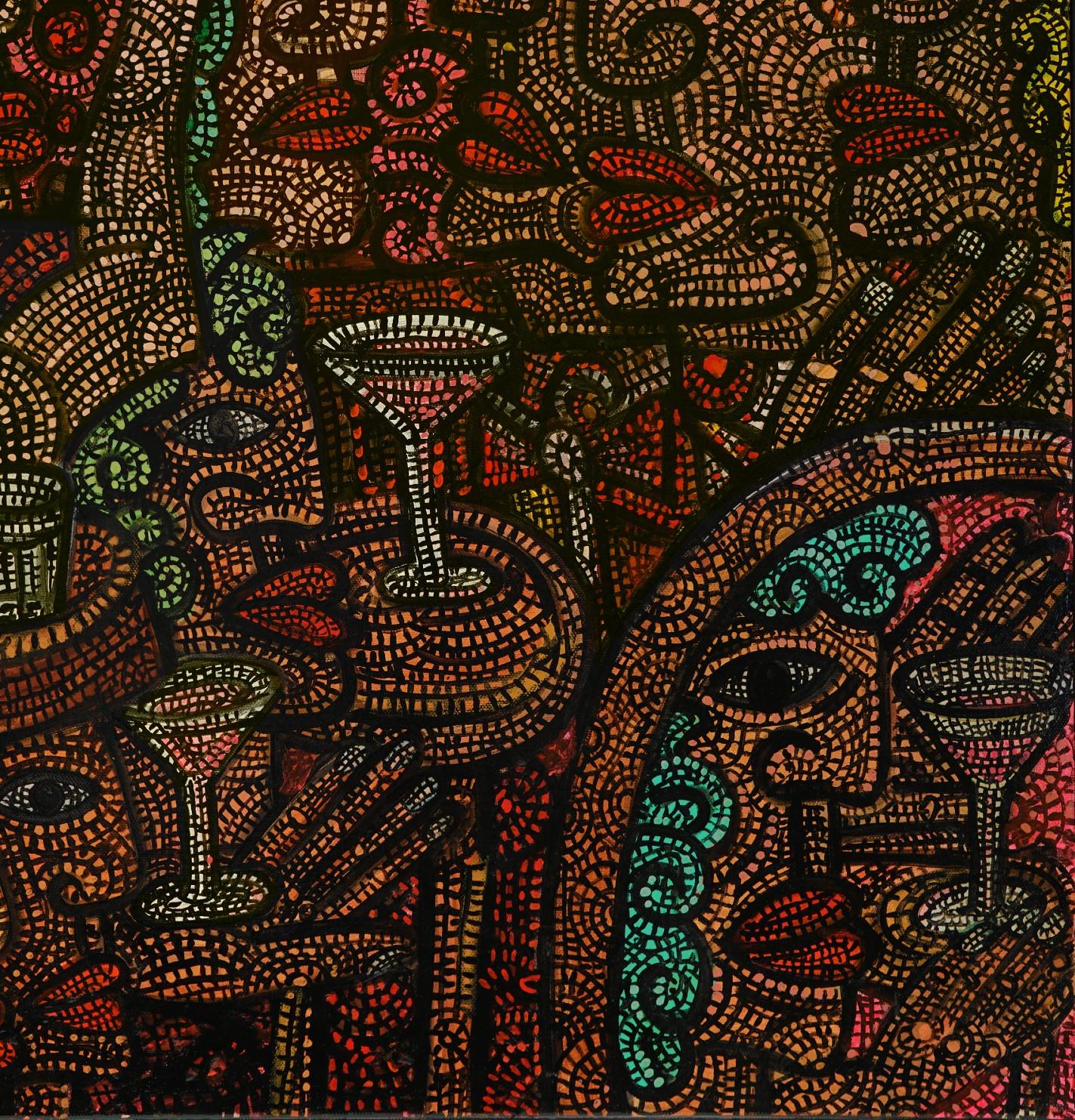 Noche de cócteles   Acrílico sobre lienzo Celosía de Líneas Diminutas Cuadradas  Textura de profundidad - Painting Contemporáneo de Ciro Flores
