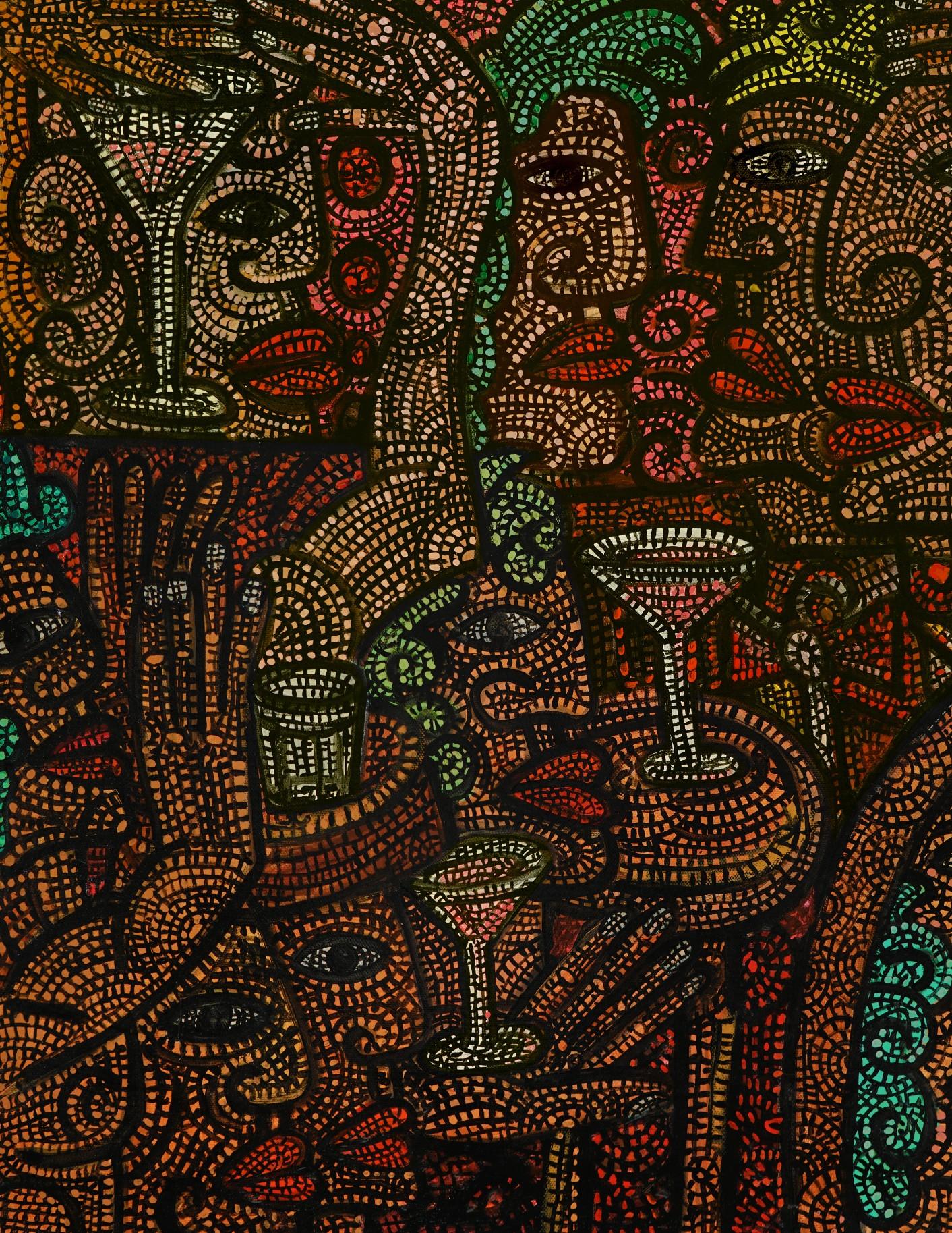 Noche de cócteles   Acrílico sobre lienzo Celosía de Líneas Diminutas Cuadradas  Textura de profundidad - Figurative Painting Negro de Ciro Flores