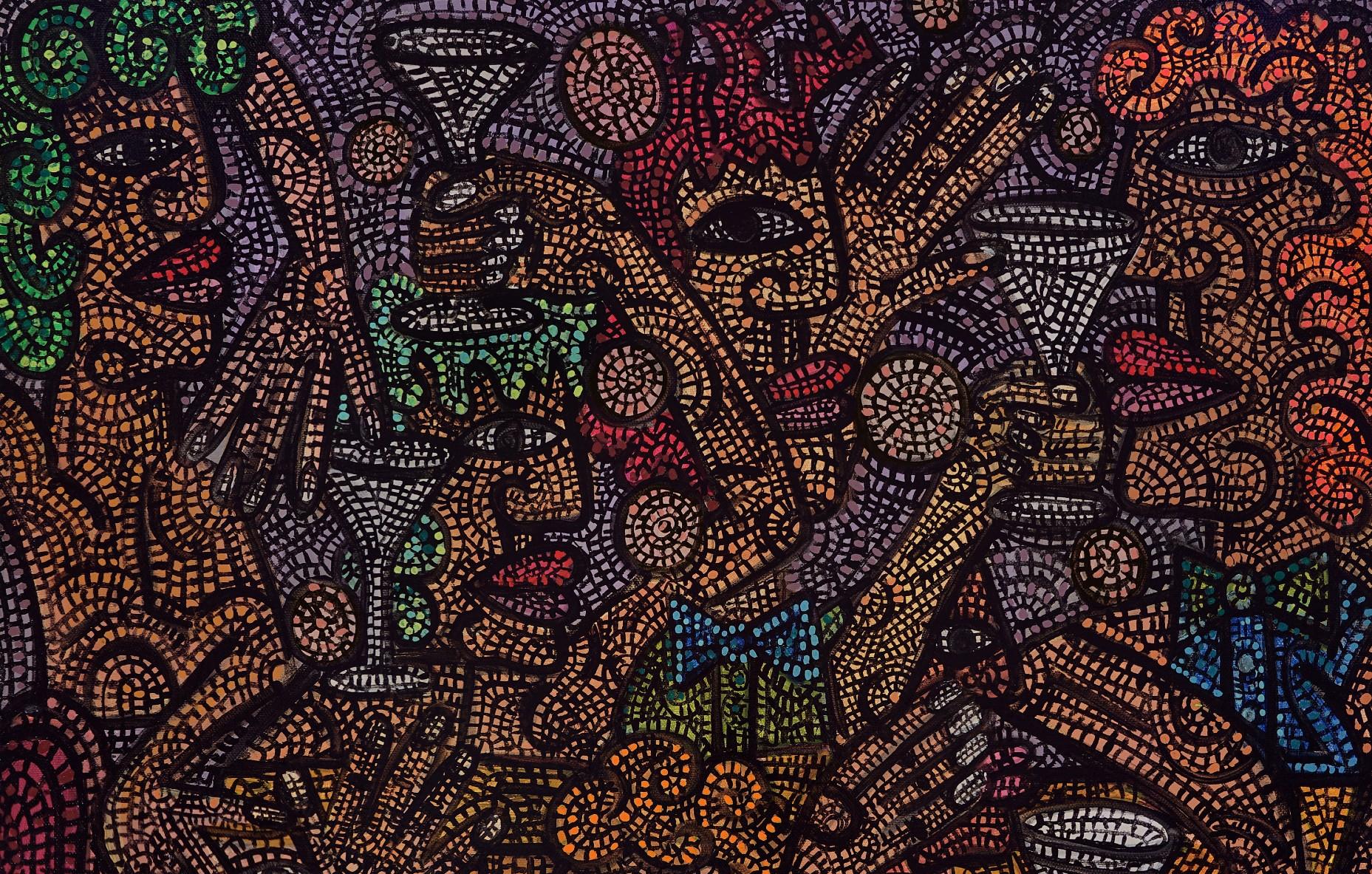 Son las cinco Acrílico sobre lienzo Entramado de cuadrados de líneas diminutas  Textura de profundidad - Figurative Painting Negro de Ciro Flores