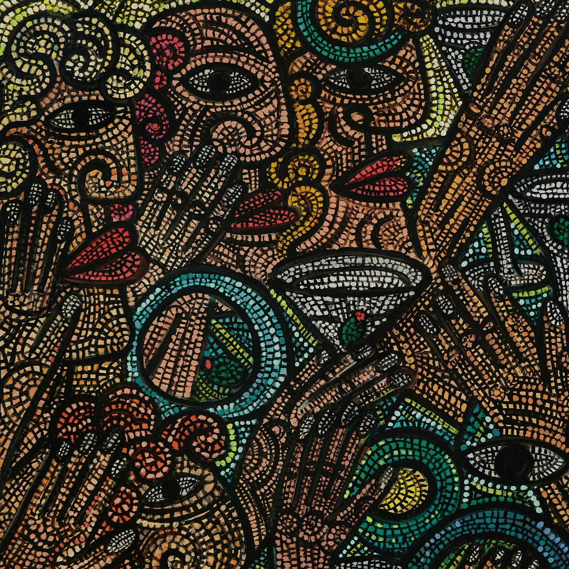 Manhattans au 5  Acrylique sur toile Lattice of Tiny Lines Squares  Profondeur de la texture - Painting de Ciro Flores