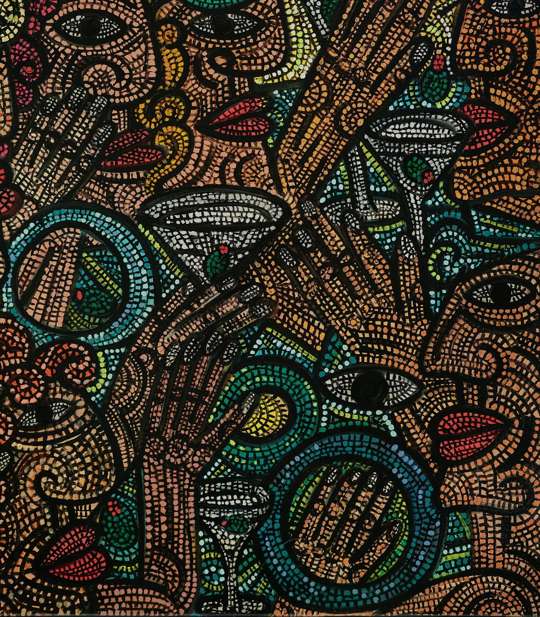 Manhattans au 5  Acrylique sur toile Lattice of Tiny Lines Squares  Profondeur de la texture - Contemporain Painting par Ciro Flores