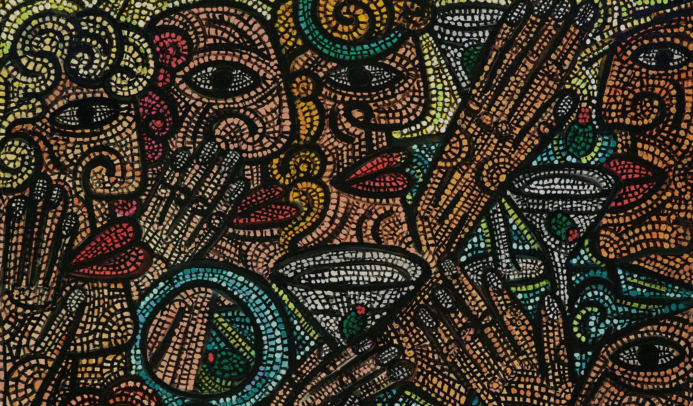 Manhattans au 5  Acrylique sur toile Lattice of Tiny Lines Squares  Profondeur de la texture - Noir Portrait Painting par Ciro Flores
