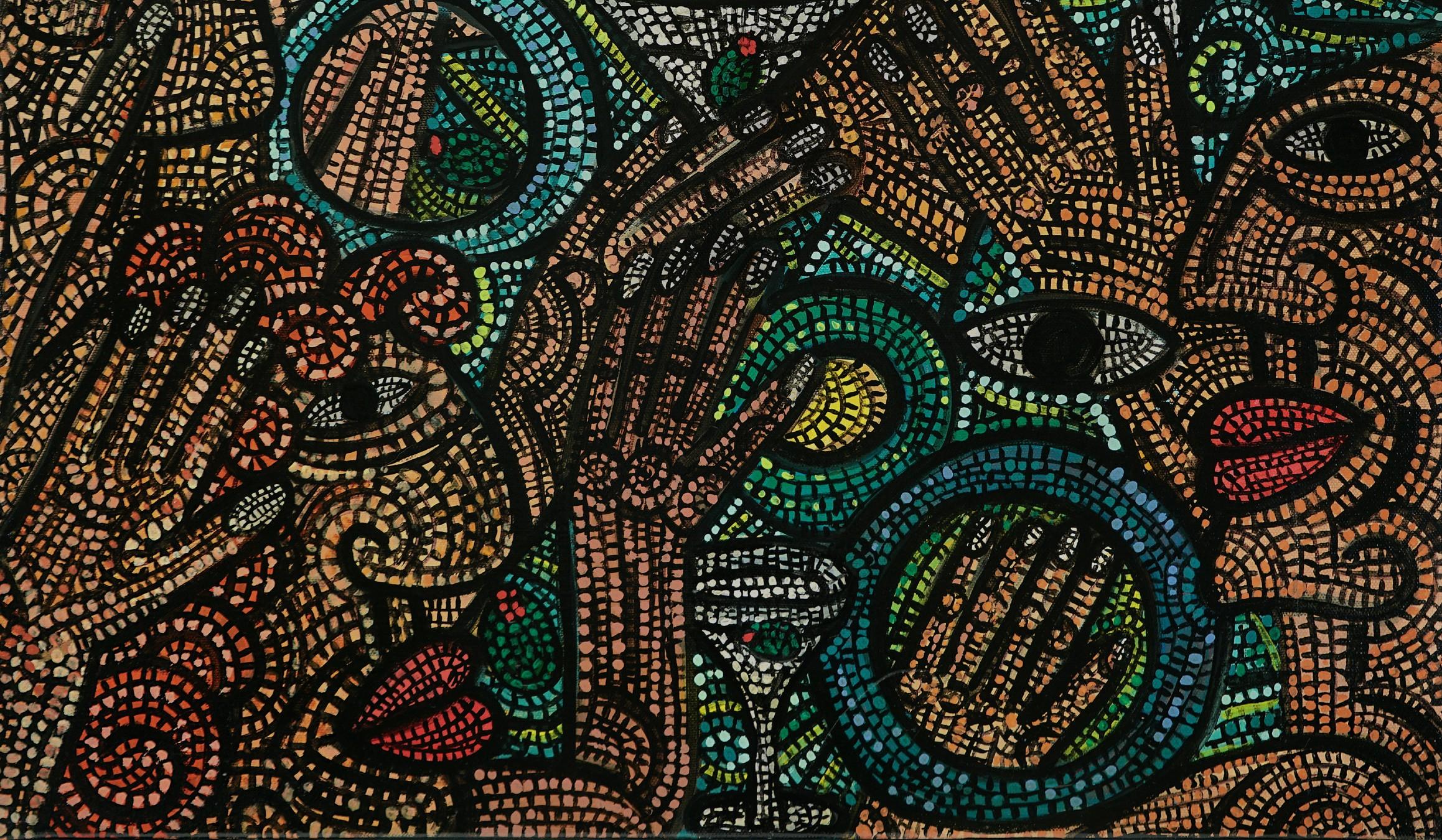 Les peintures de cocktails

Manhattans à cinq  

Ces quatre peintures de cocktails sont achevées à un certain moment, lorsque l'artiste commence à ajouter un motif de style mosaïque à l'ensemble de l'œuvre, créant un treillis de lignes et de carrés