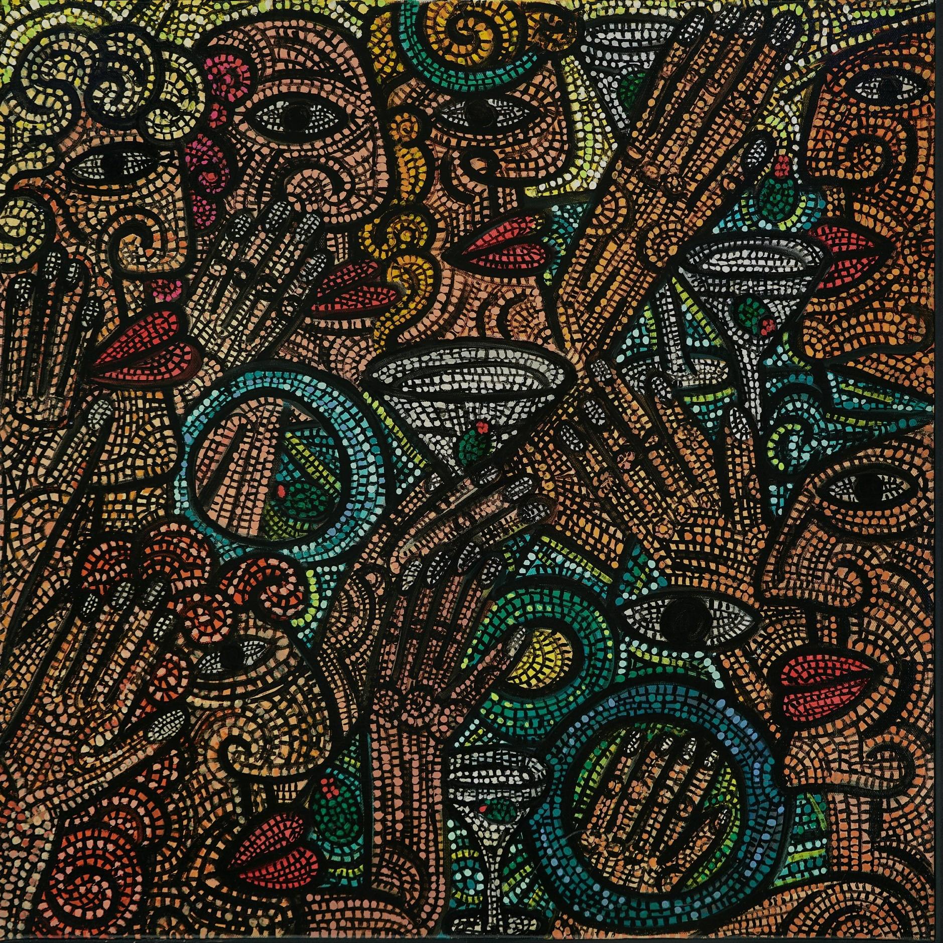 Manhattans au 5  Acrylique sur toile Lattice of Tiny Lines Squares  Profondeur de la texture en vente 1