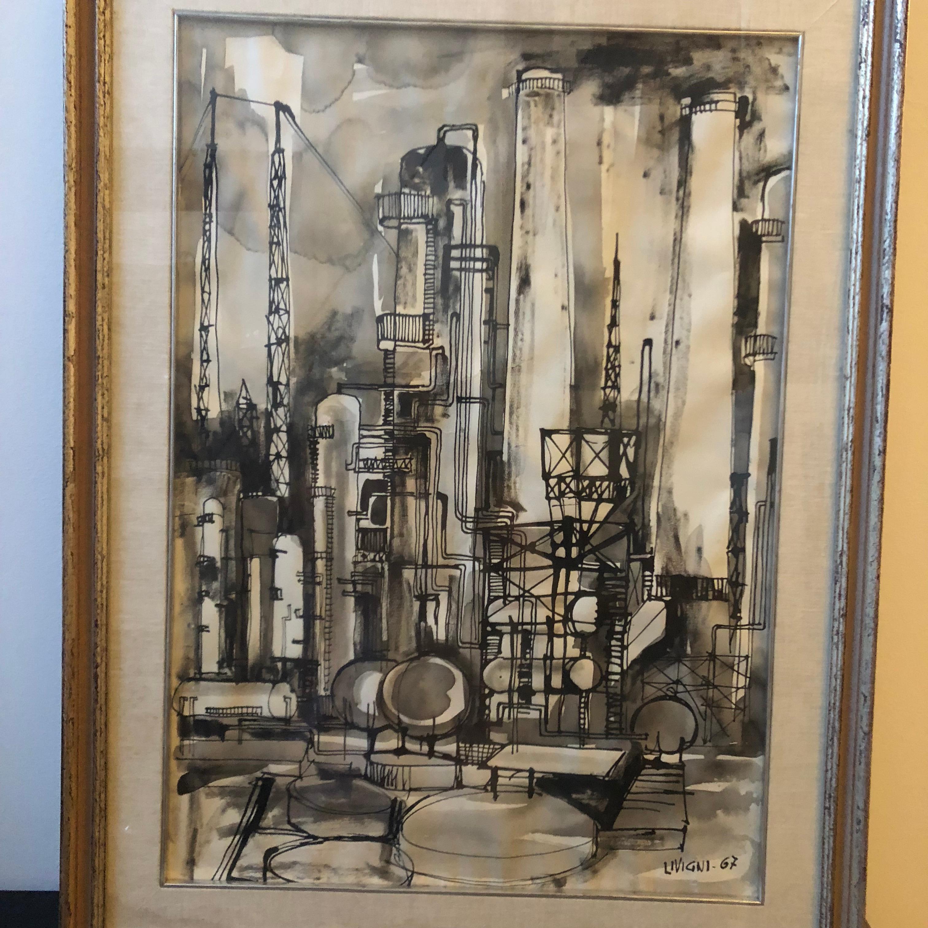 An industrial agglomeration realized by Ciro LIvigni in 1967, signed on the right Livigni 1967, sizes of the painting cm 47 x 69. It's a monochromatic watercolor in good conditions.