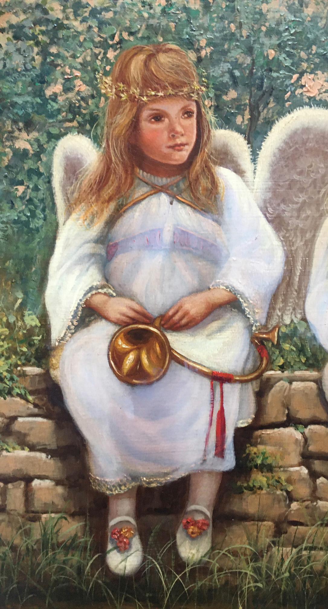 ANGELS ON THE WALL -  Ciro Morrone -  Figurative Italian Oil on Canvas Painting. For Sale 1