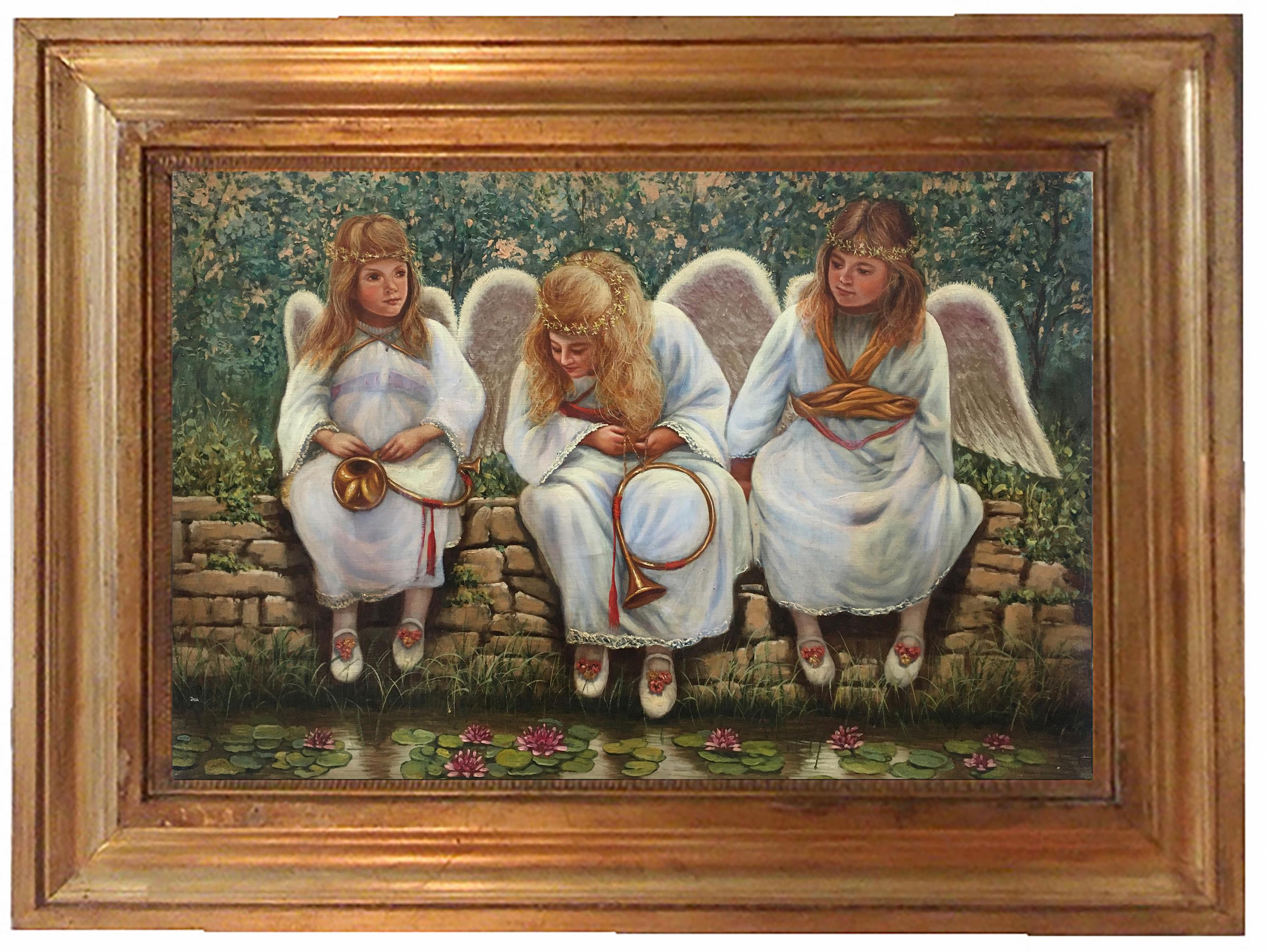 ANGELS ON THE WALL –  Ciro Morrone –  Figuratives italienisches Gemälde, Öl auf Leinwand.