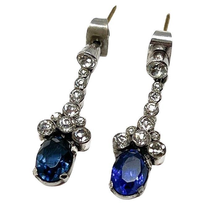 Women's Ciro 'SCP' 1930s Art Deco Silver and Sapphire Paste Vintage Drop Earrings For Sale