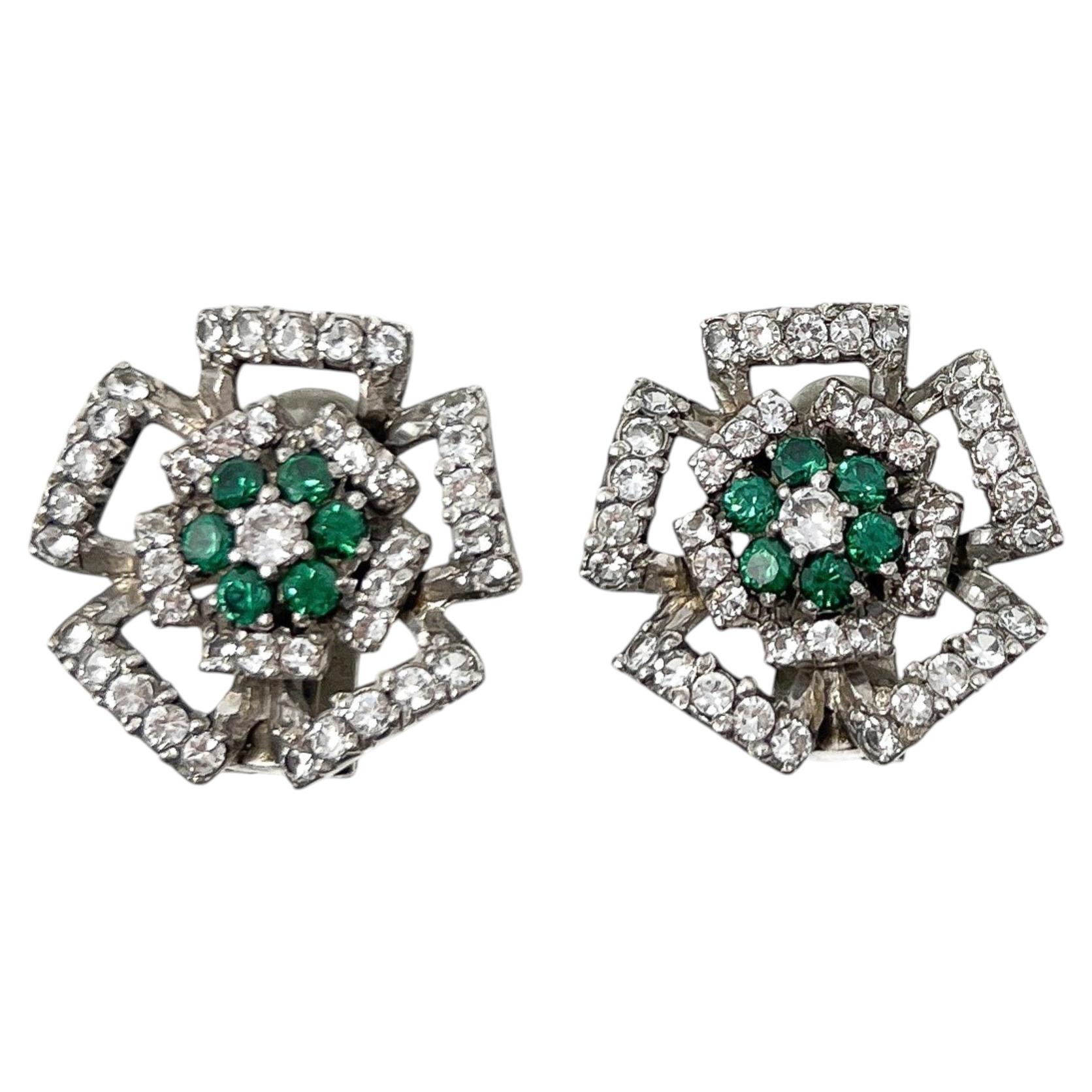 Boucles d'oreilles fleurs vintage en argent et pâte de verre Ciro 'SCP' des années 1940