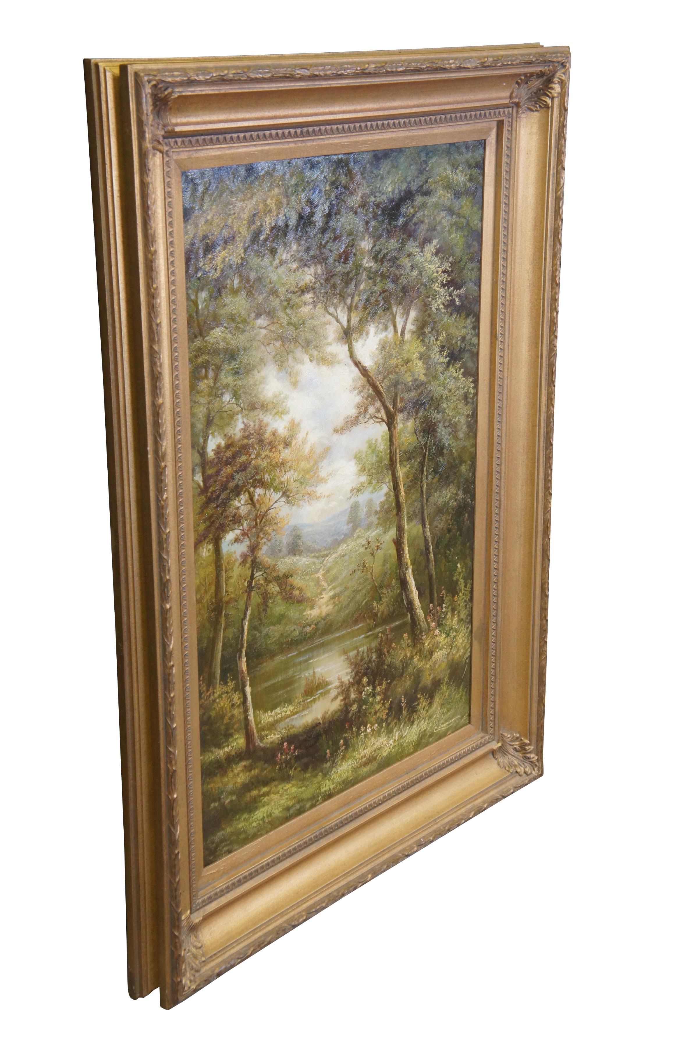 Large vintage Cirocco oil painting on canvas featuring a view through the forest.  Trees at the waters edge lead to a path through the valley with a view of the mountains in the distance.  Framed in gold with acanthus accents.

Dimensions:
33.5