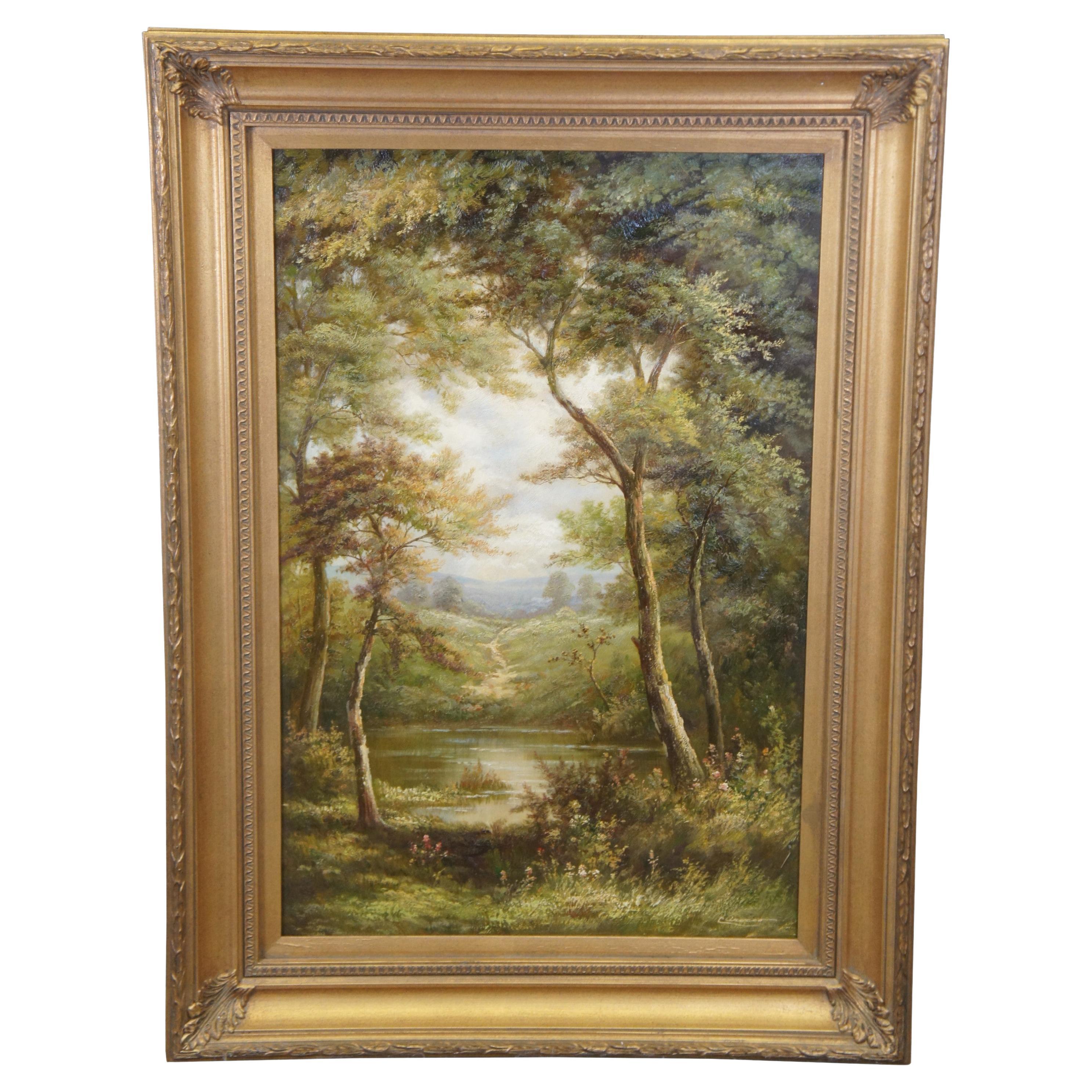 Peinture à l'huile sur toile, cadre doré, Cirocco Pastoral Forest Landscape 46"