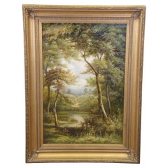Vintage Cirocco Pastoral Forest Landscape Oil Painting on Canvas Gold Frame 46"