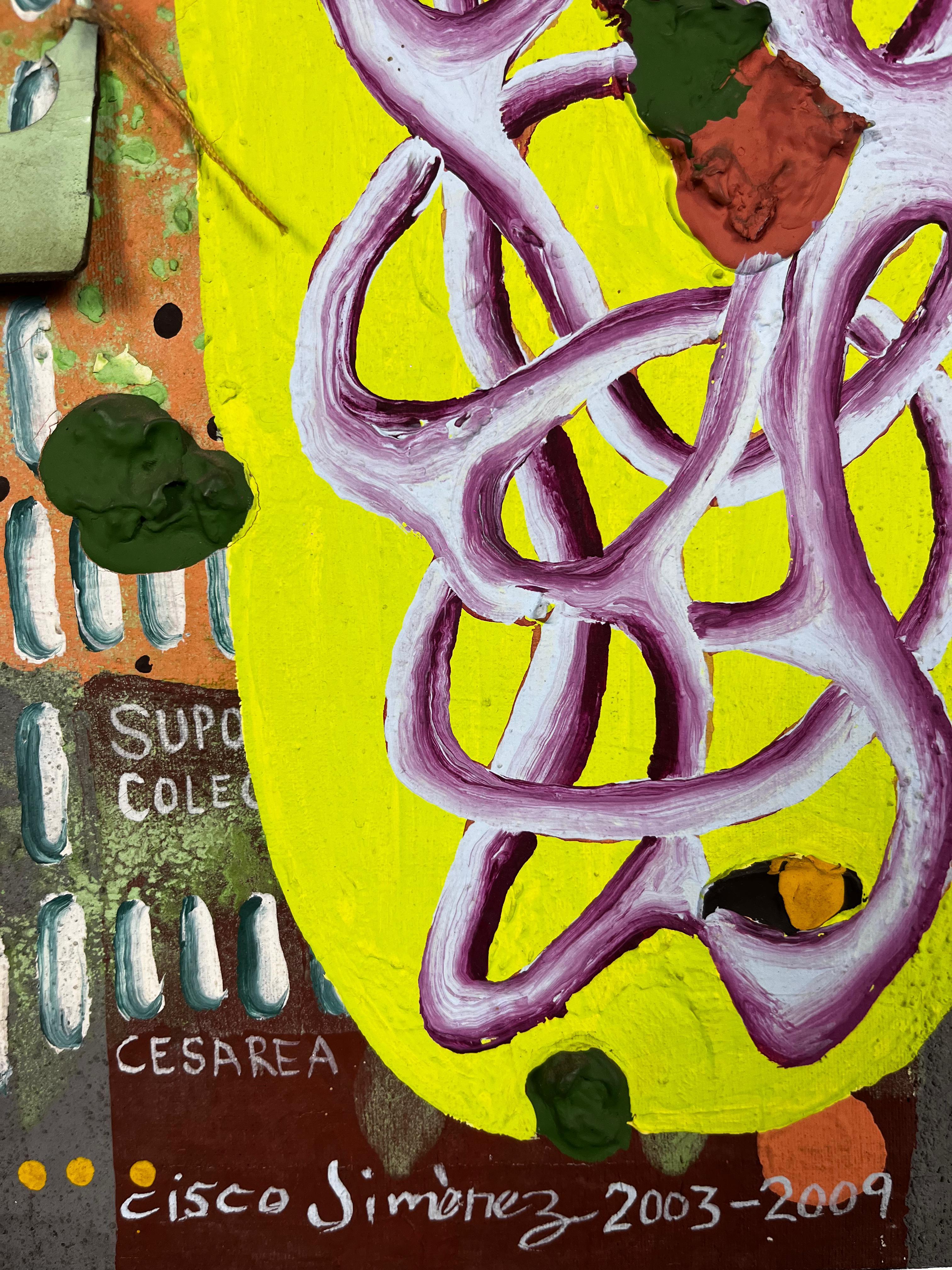 An acrylic and collage on canvas painting titled 