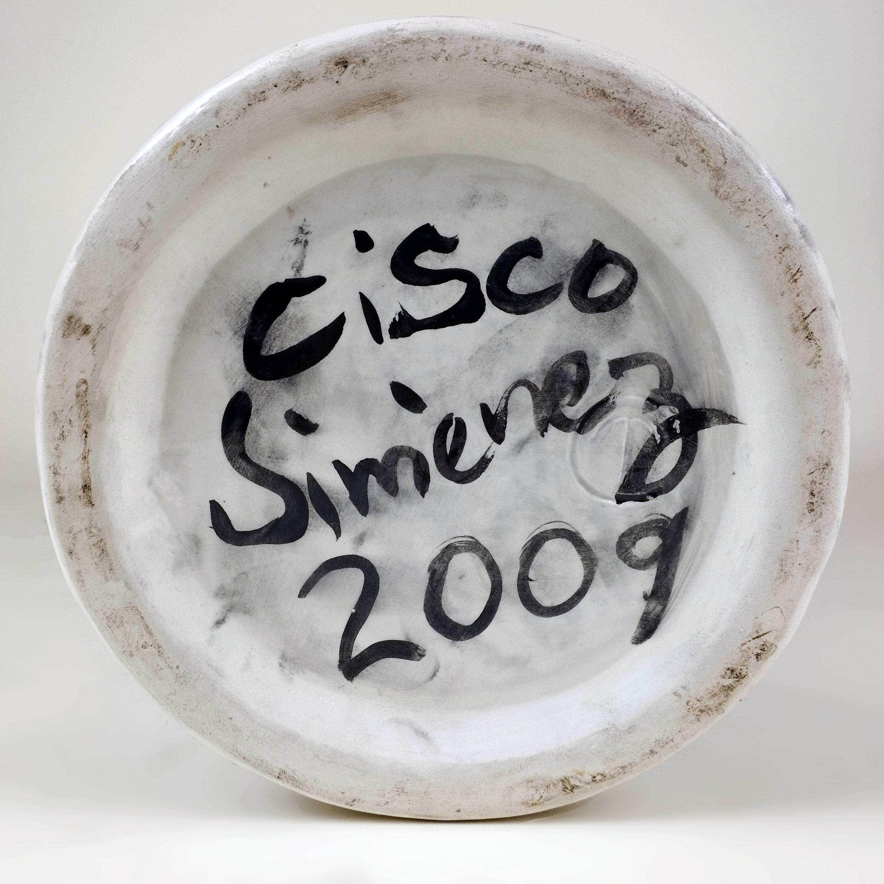 Messicano Cisco Jiménez Vaso grande in ceramica dipinto a mano con linee verdi e nere in vendita