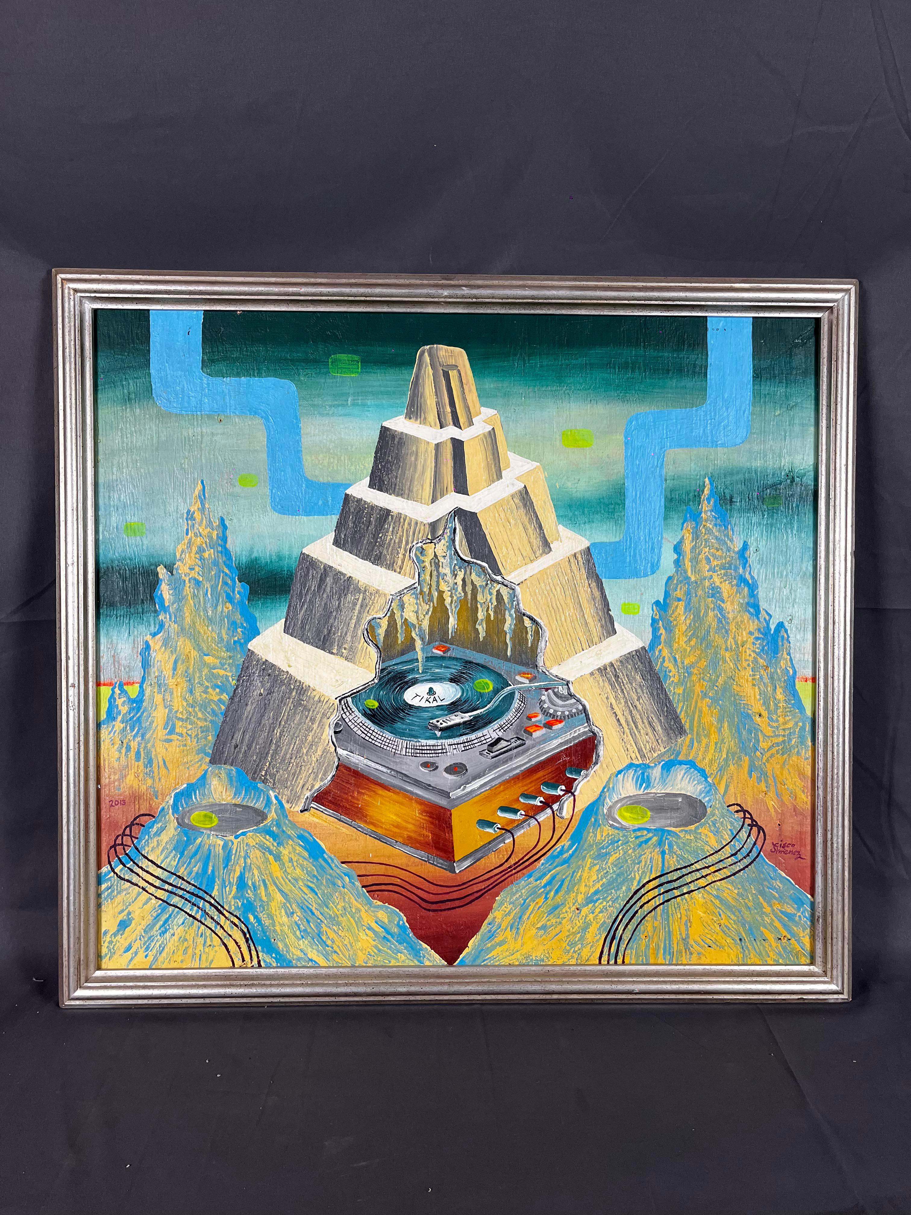Ein Gemälde in Acryl auf Leinwand des mexikanischen Künstlers Cisco Jiménez. Das Bild zeigt eine Pyramide im prähispanischen Stil, die von Bergen umgeben ist. Die Pyramide ist so 