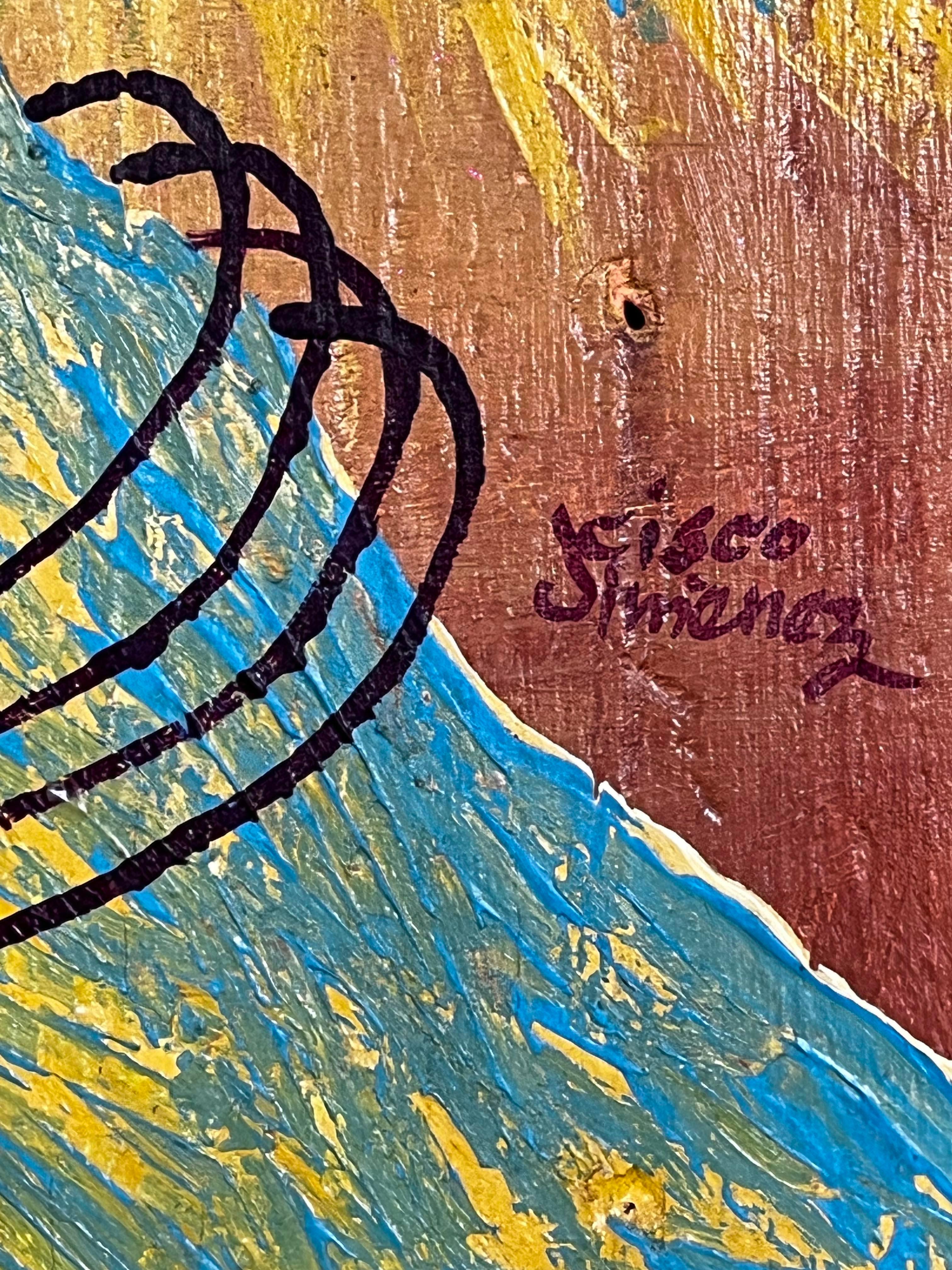 Cisco Jiménez Tikal mit Drehscheibe Acryl auf Holz Gemälde (21. Jahrhundert und zeitgenössisch) im Angebot