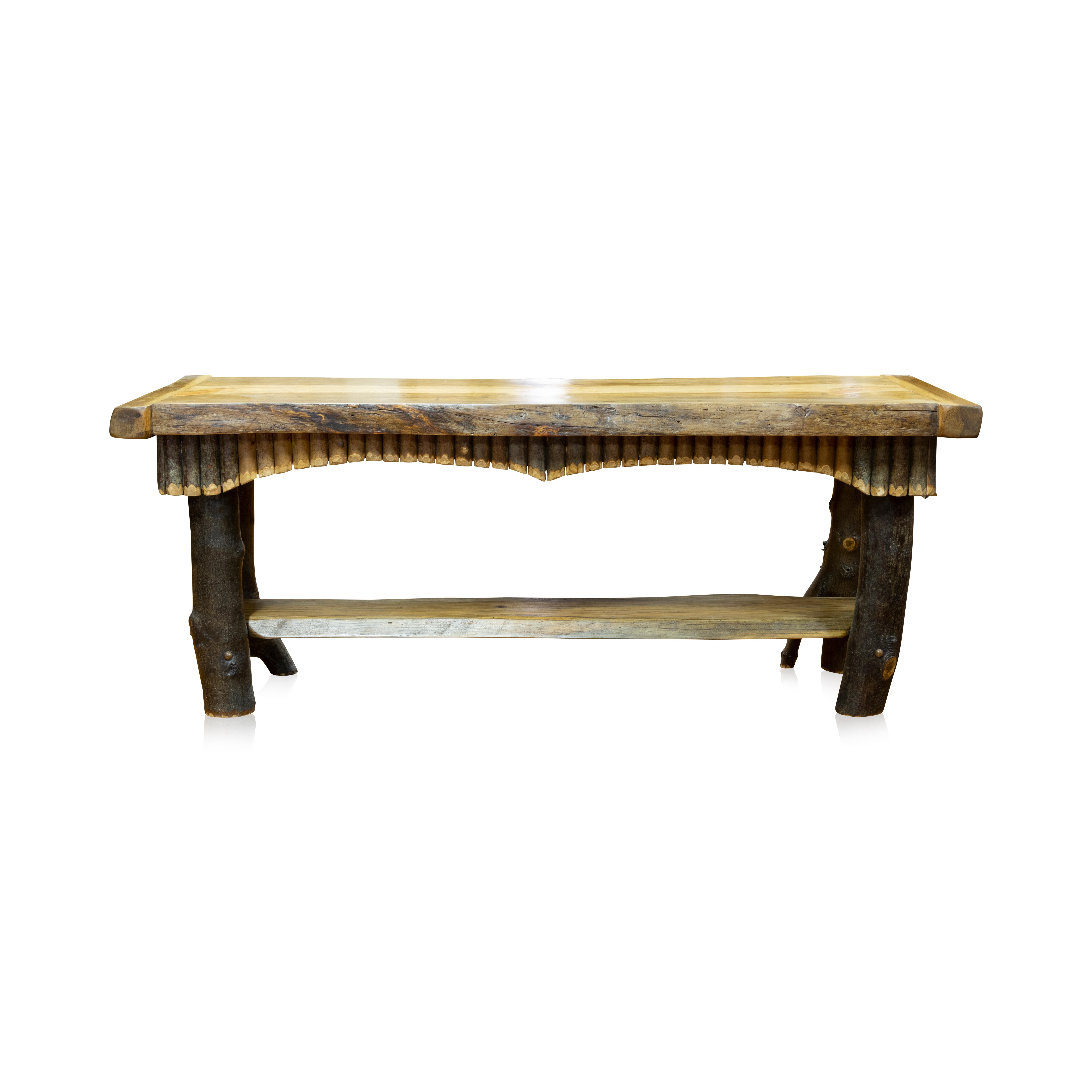 Cisco's Adirondack style coffee table with blue fir top having bread board ends, blue fir shelf, twig apron and maple legs. Matches pair of lamp tables #D0884. Colors, embellishments, finish and sizes can all be customized with additional production