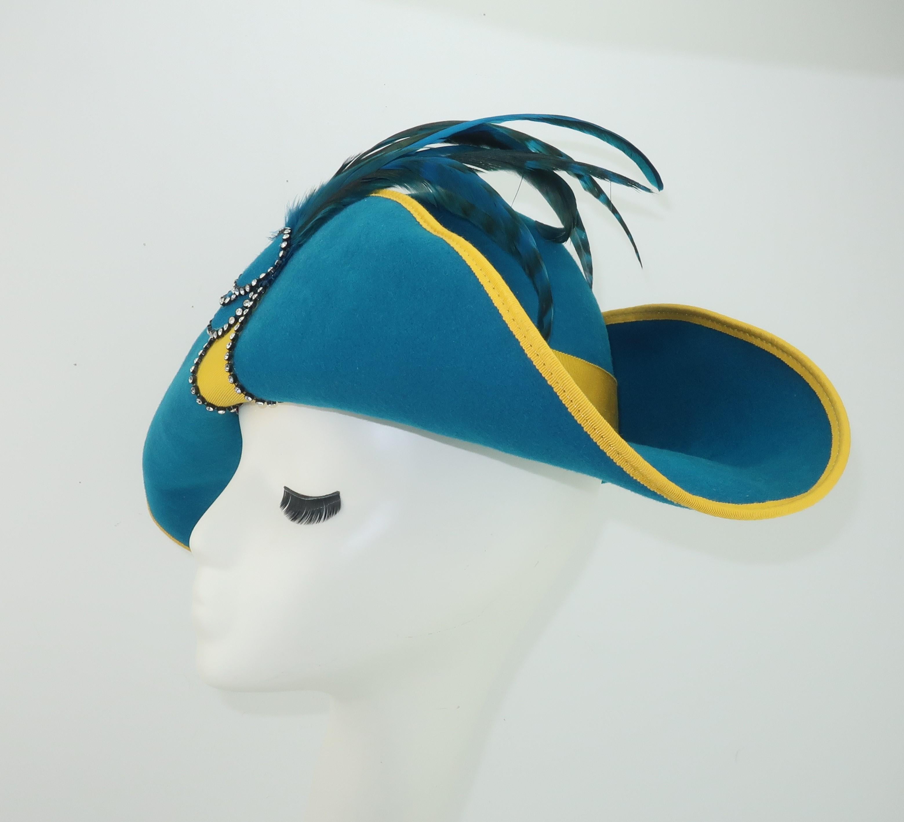 Blue Citation Bicorne Bollman Hat With Rhinestone & Feathers, 1980's 