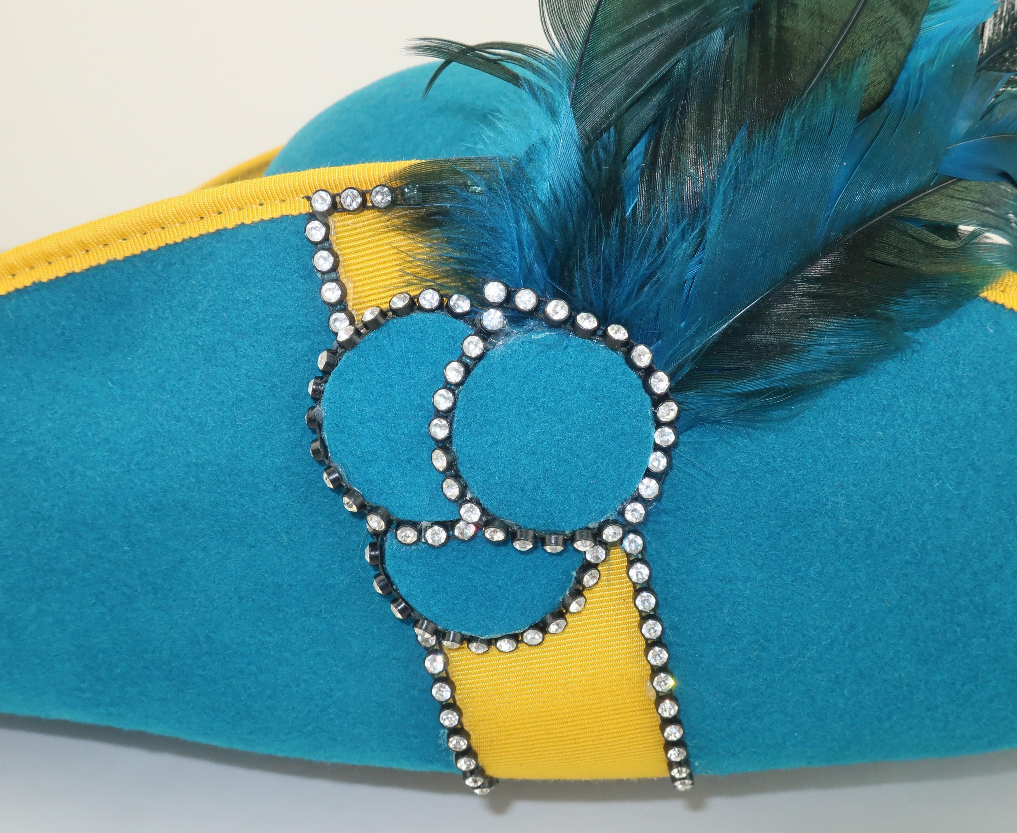 Women's Citation Bicorne Bollman Hat With Rhinestone & Feathers, 1980's 