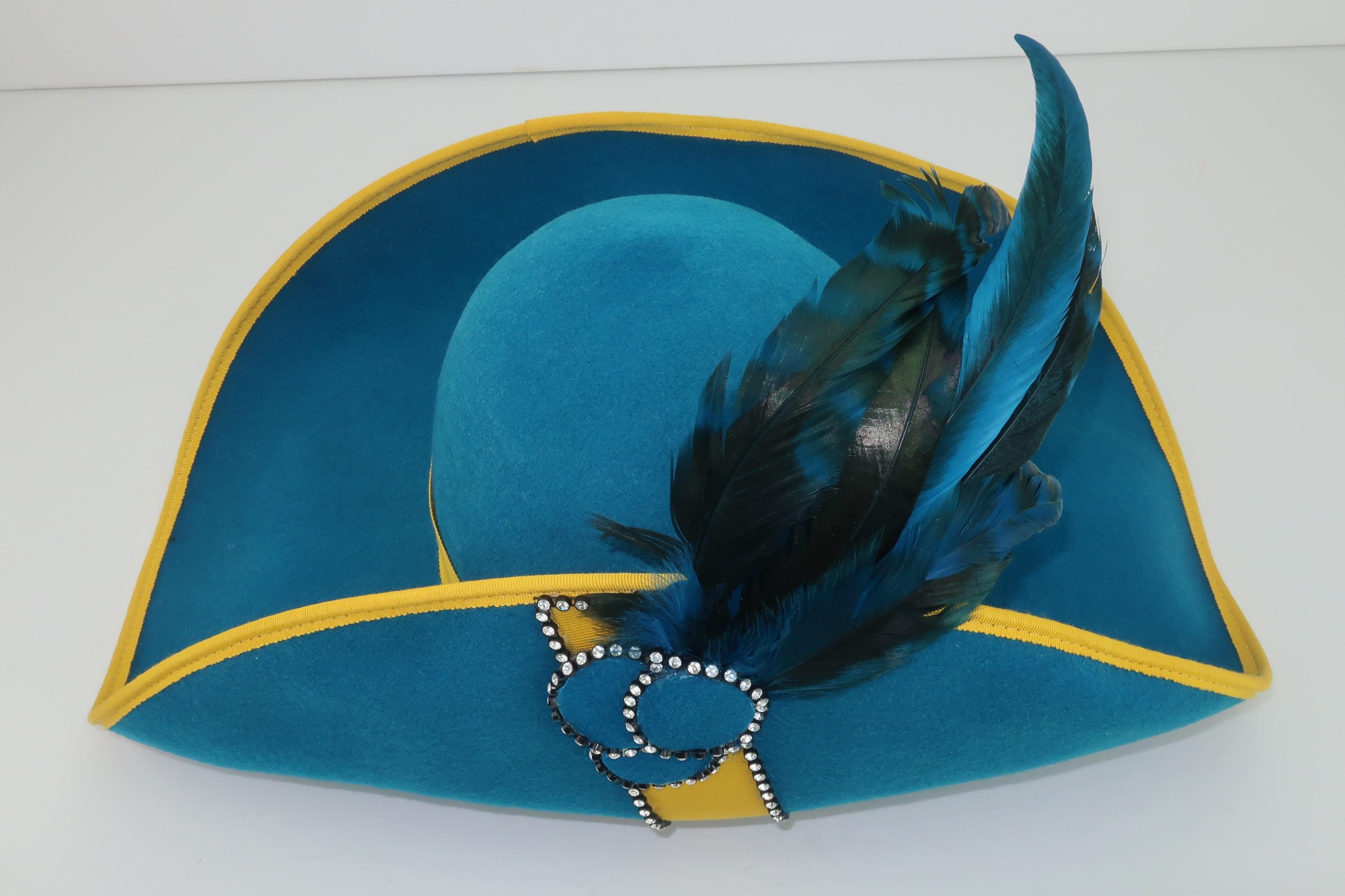 Citation Bicorne Bollman Hat With Rhinestone and Feathers, 1980's For