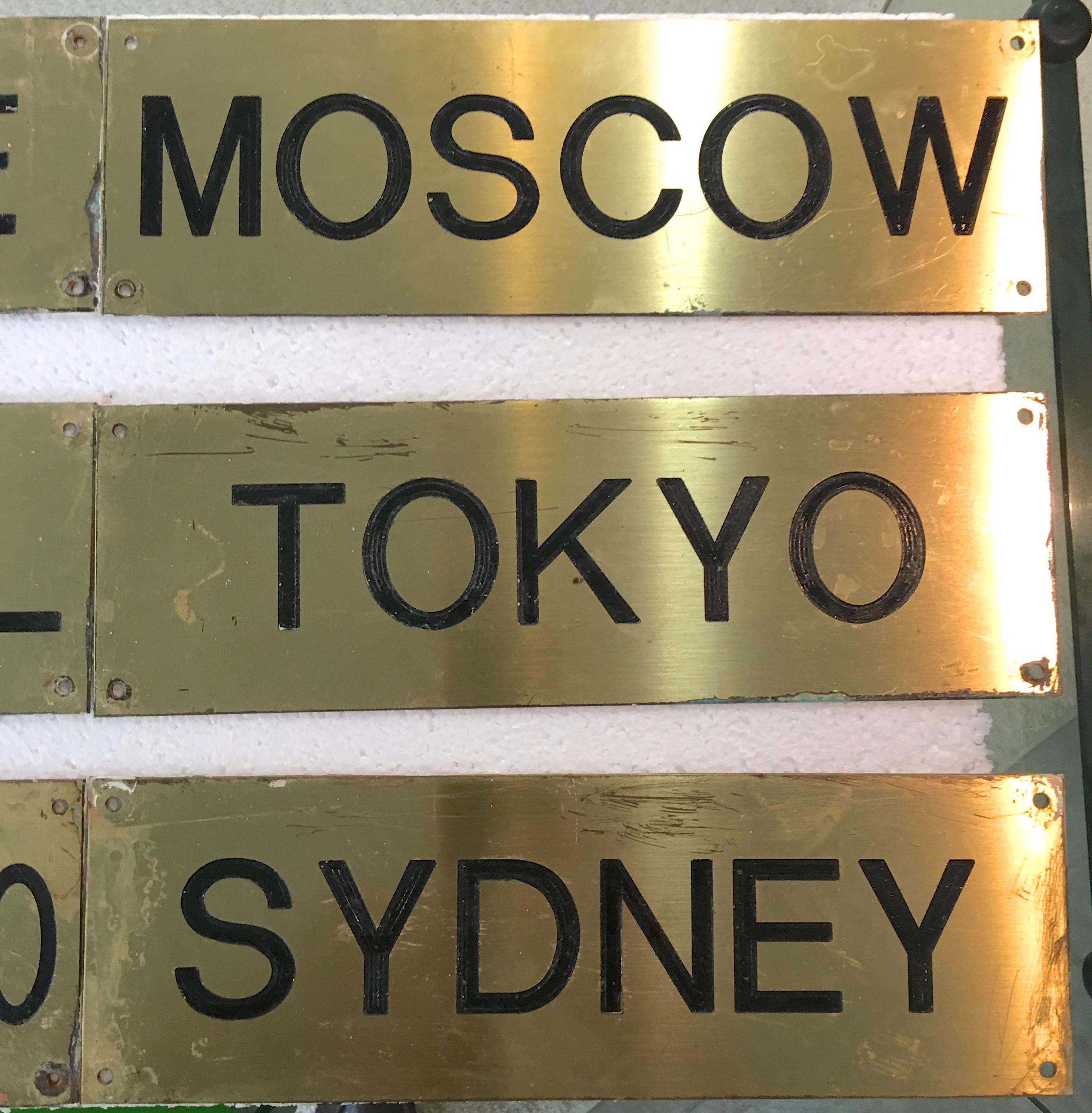 Mid-20th Century Cities of the World Time Zones Brass Signs