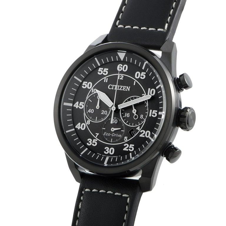 This is the Citizen Avion Eco-Drive, reference number CA4215-21H. Powered by the B620 movement, this watch features the following functions: hours, minutes, small seconds, chronograph, 24-hour indicator, and date. The case of the watch has a