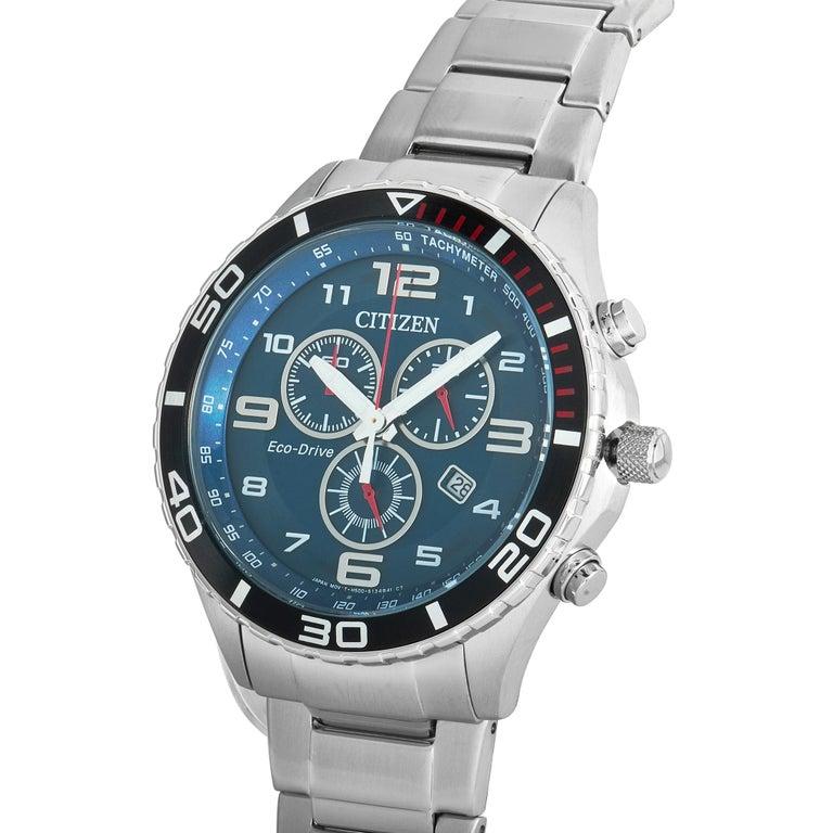 This is the Citizen Eco-Drive Chronograph watch, reference number AT2121-50L. It boasts a 43 mm stainless steel case fitted with a black aluminum bezel. The case is water-resistant to 100 meters and mounted onto a stainless steel bracelet, secured