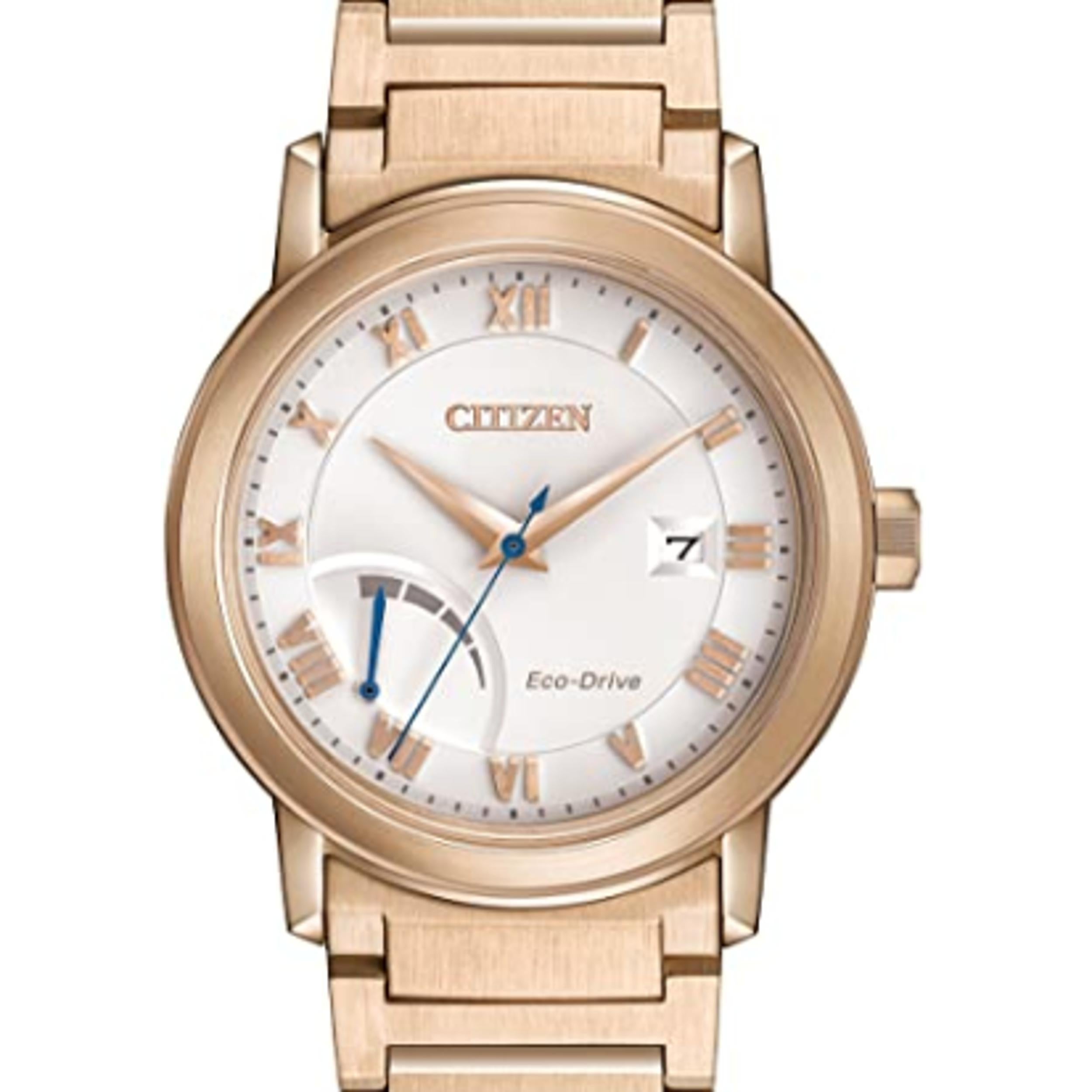 This brand new Citizen   AW7023-52A is a beautiful  timepiece that is powered by  movement which is cased in a  case. It has a round shape face,  dial and has hand  style markers. It is completed with a  band that opens and closes with a . This