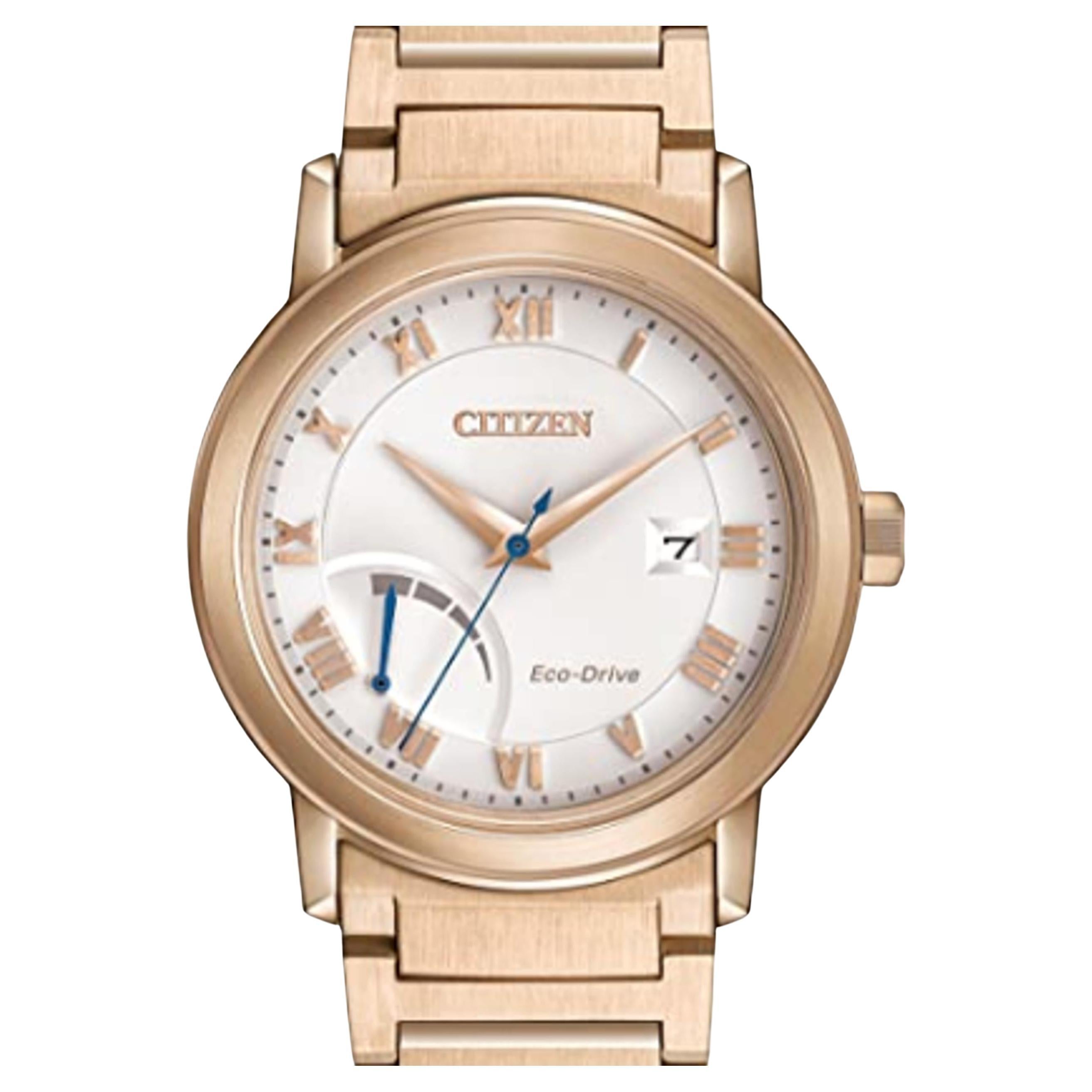 Citizen Eco-Drive Goldfarbene Stahl-Herrenuhr mit weißem Zifferblatt AW7023-52A