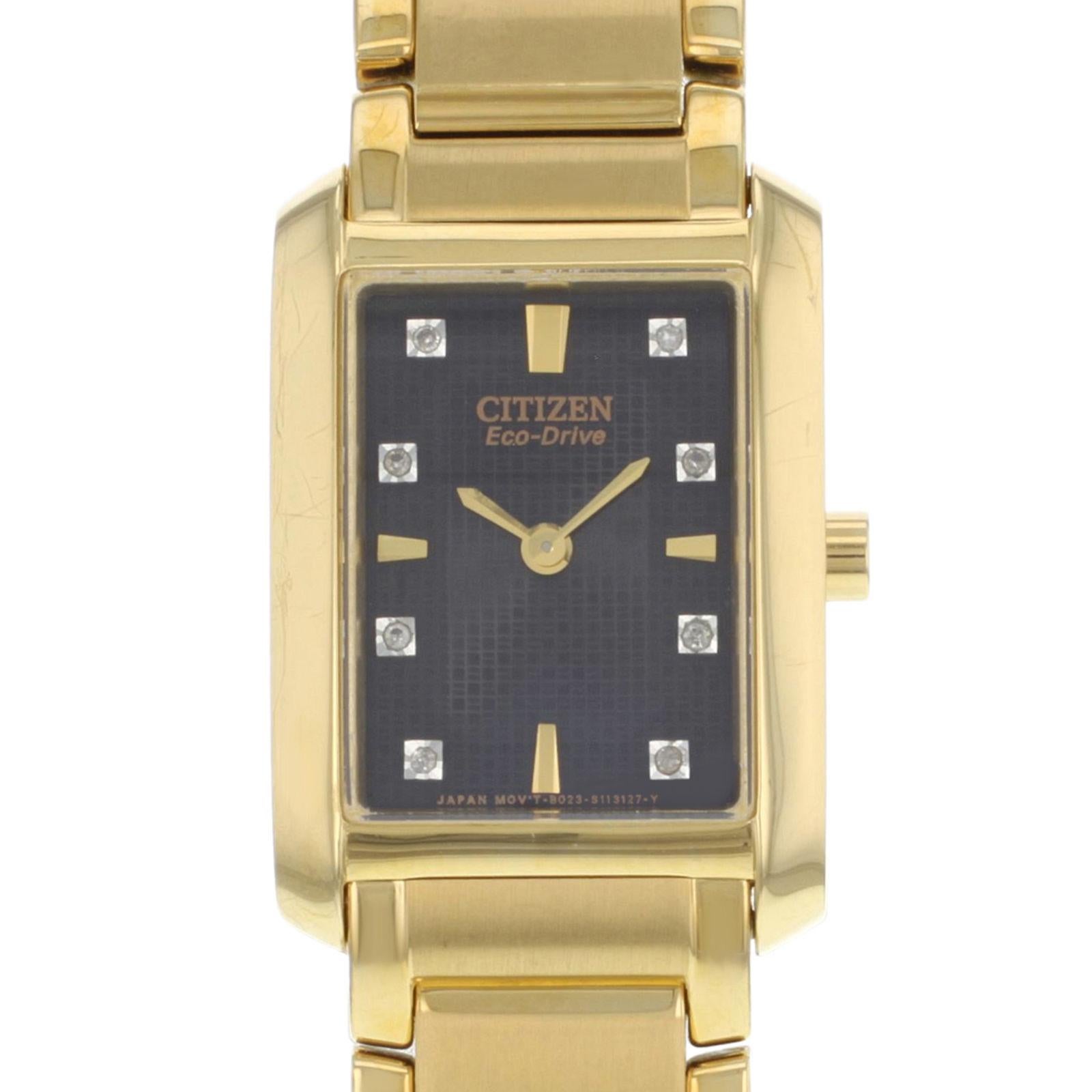 (11940)
This pre-owned Citizen Palidoro EX1072-54E is a beautiful Womens timepiece that is powered by a quartz movement which is cased in a stainless steel case. It has a rectangle shape face, dial and has hand dots style markers. It is completed